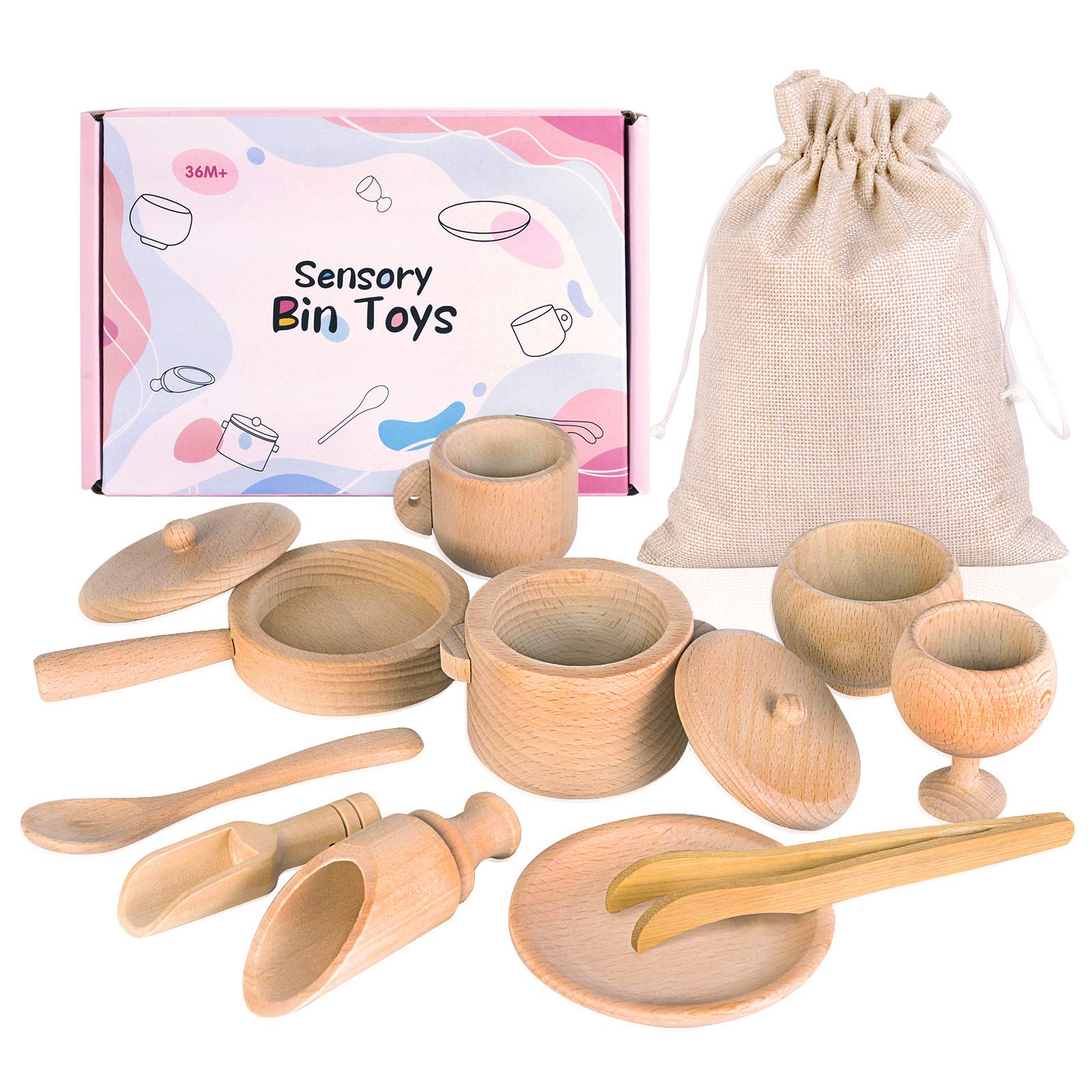 Montessori Wooden Scoops & Tongs Set - Sensory Bin Tools for Toddlers, Fine Motor Skills Toys, Waldorf Educational Learning Tools for Transfer Work | Perfect for Preschool Classroom & Home Play Activities