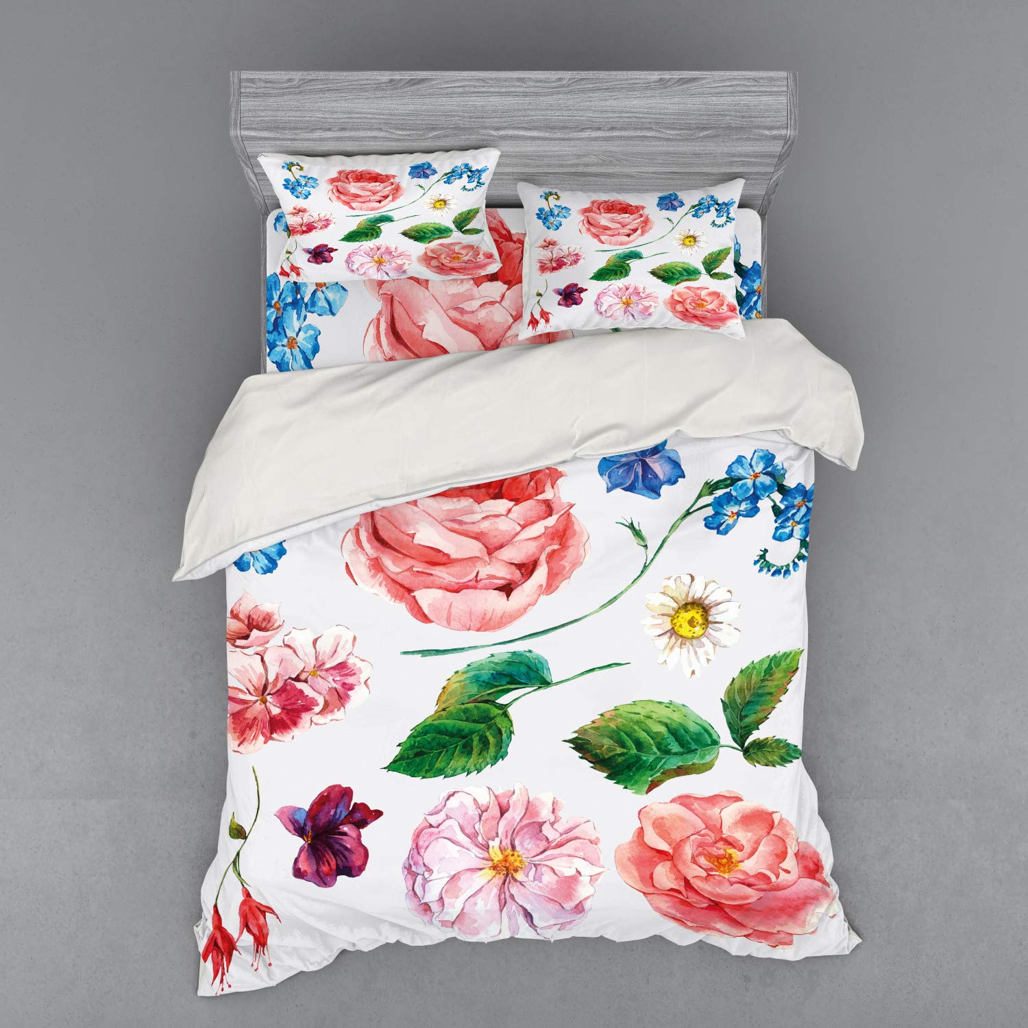 Ambesonne Floral Queen Bedding Set - 4 Piece Duvet Cover with Shams & Fitted Sheet, Vintage Rose Daisy Bouquet Design in Pink & Green | Perfect for Shabby Chic, Farmhouse & Vintage Style Bedrooms