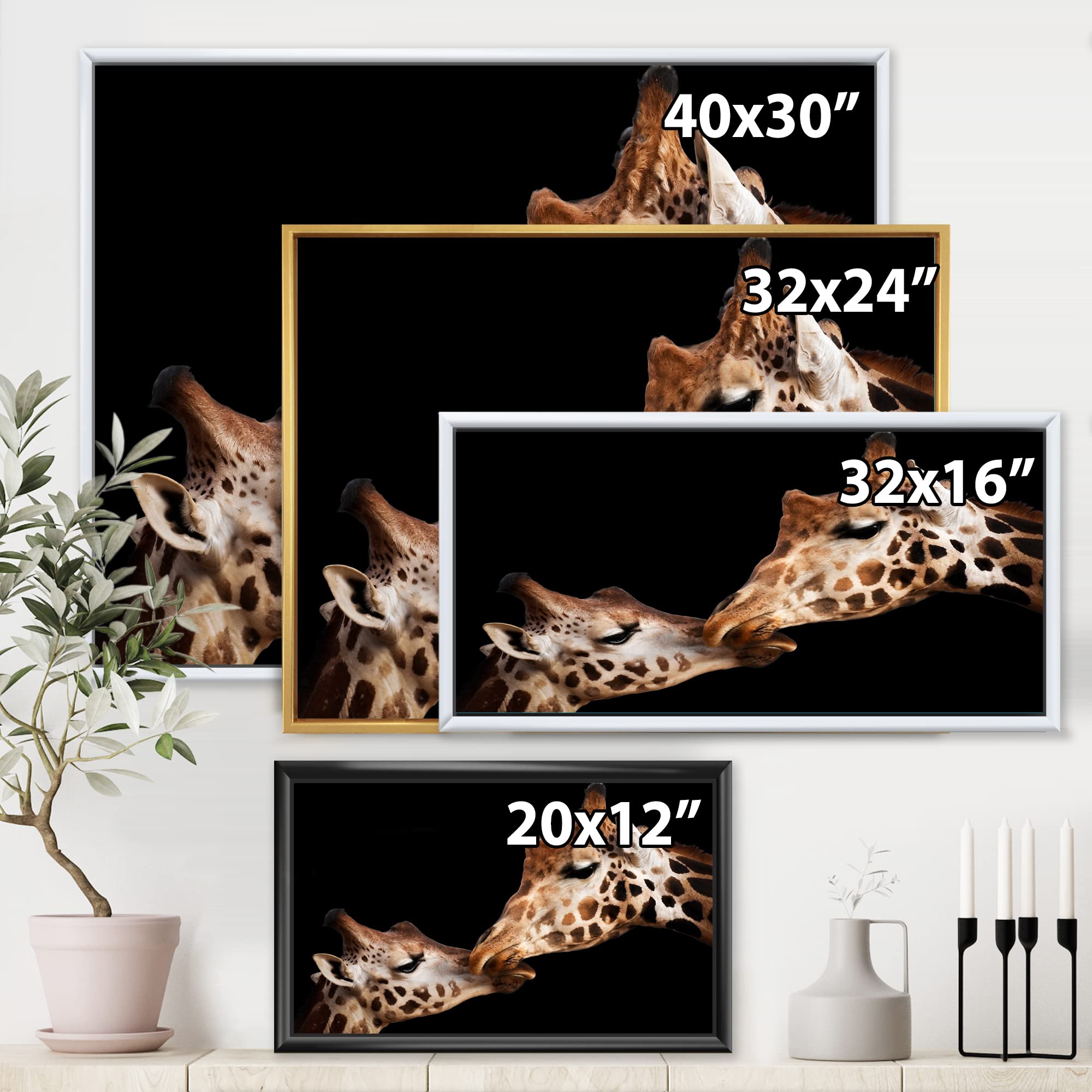 DesignQ Two Giraffes Kissing Portrait II - Farmhouse Framed Canvas Wall Art Print for Living Room, Bedroom & Nursery Decor