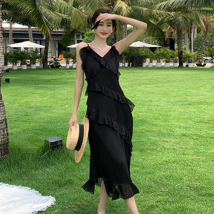 Elegant Black Long Summer Dress with Spaghetti Straps - Perfect for Evening Parties, Beach Vacations & Casual Outings