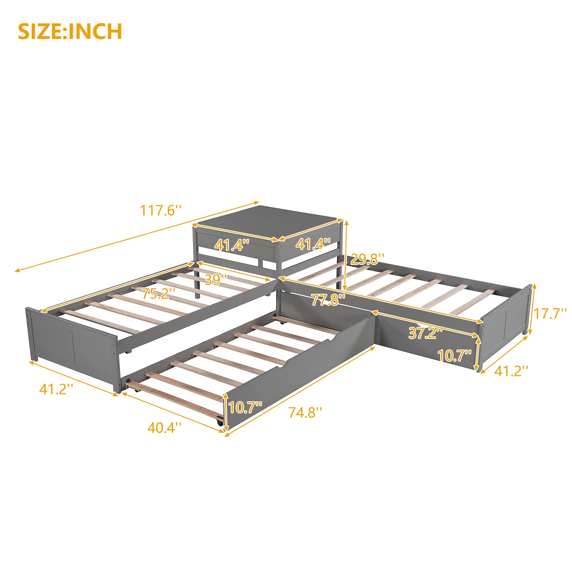P PURLOVE L-Shaped Triple Bed Frame with Trundle & Drawers - Wooden Platform Bed with Built-in Desk for Kids & Teens - Space-Saving Bunk Bed for Small Rooms, Dormitories & Shared Bedrooms