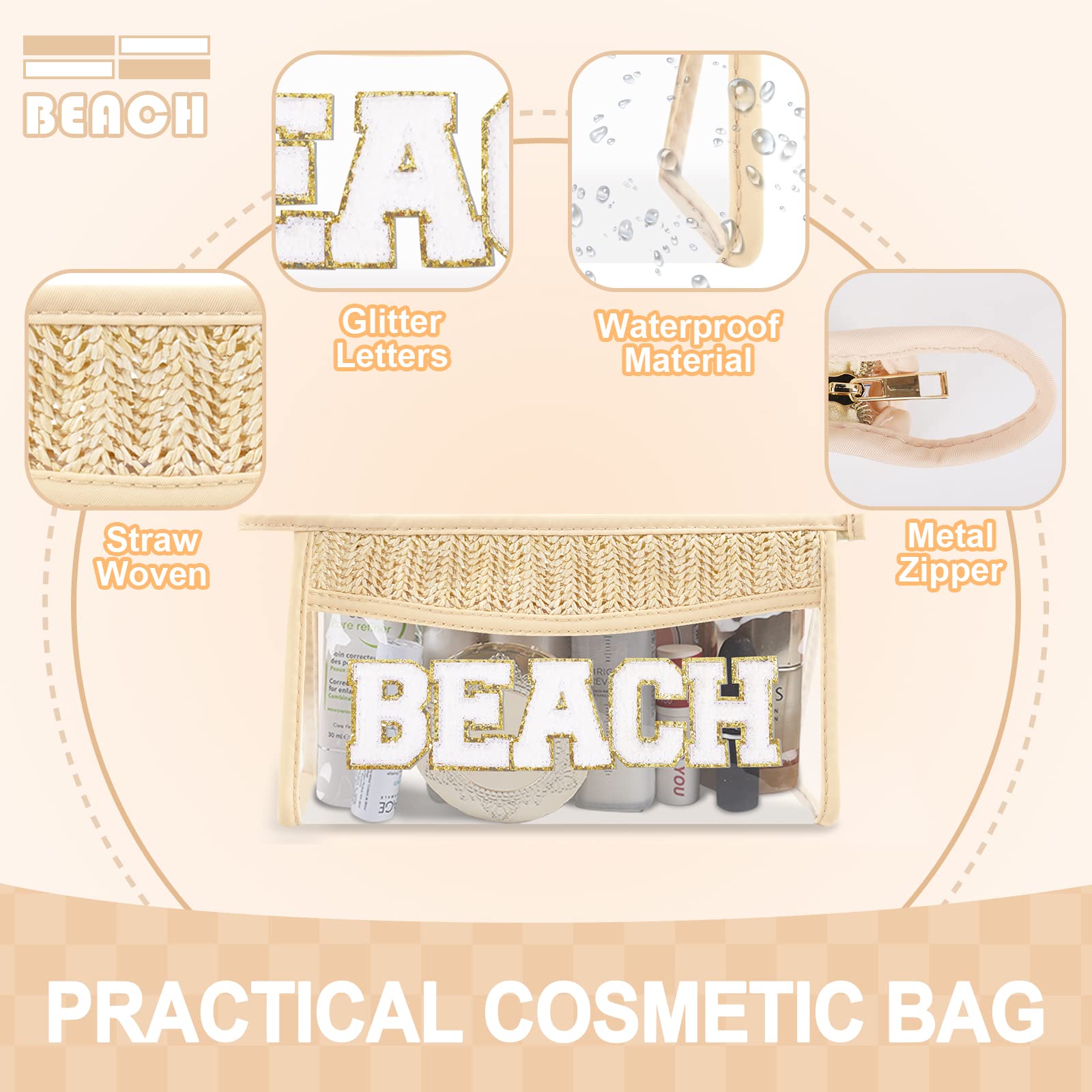 Boho Straw Clear Beach Makeup Bag for Women & Girls - Zippered Cosmetic Bag with Chenille Varsity Letter Patch, Cute Toiletry Pouch for Travel Essentials | Perfect for Beach Vacations, Pool Parties & Summer Getaways