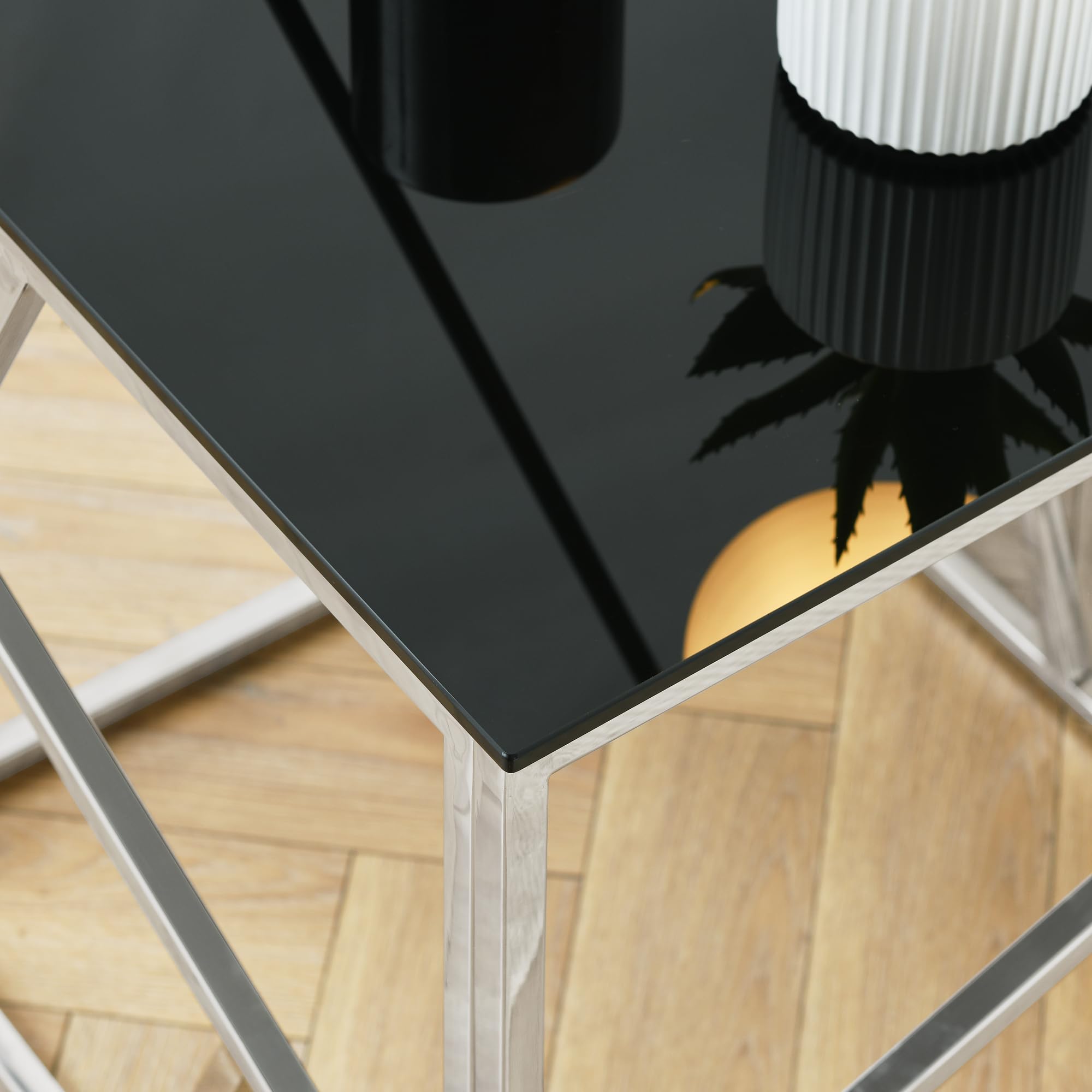 Modern Rectangular Glass Coffee Table with Black Tempered Glass Top & Stainless Steel Frame - Accent Table for Living Room, Bedroom, Office - Polished Chrome Finish - Perfect for Small Spaces, Home Decor & Entertaining Guests