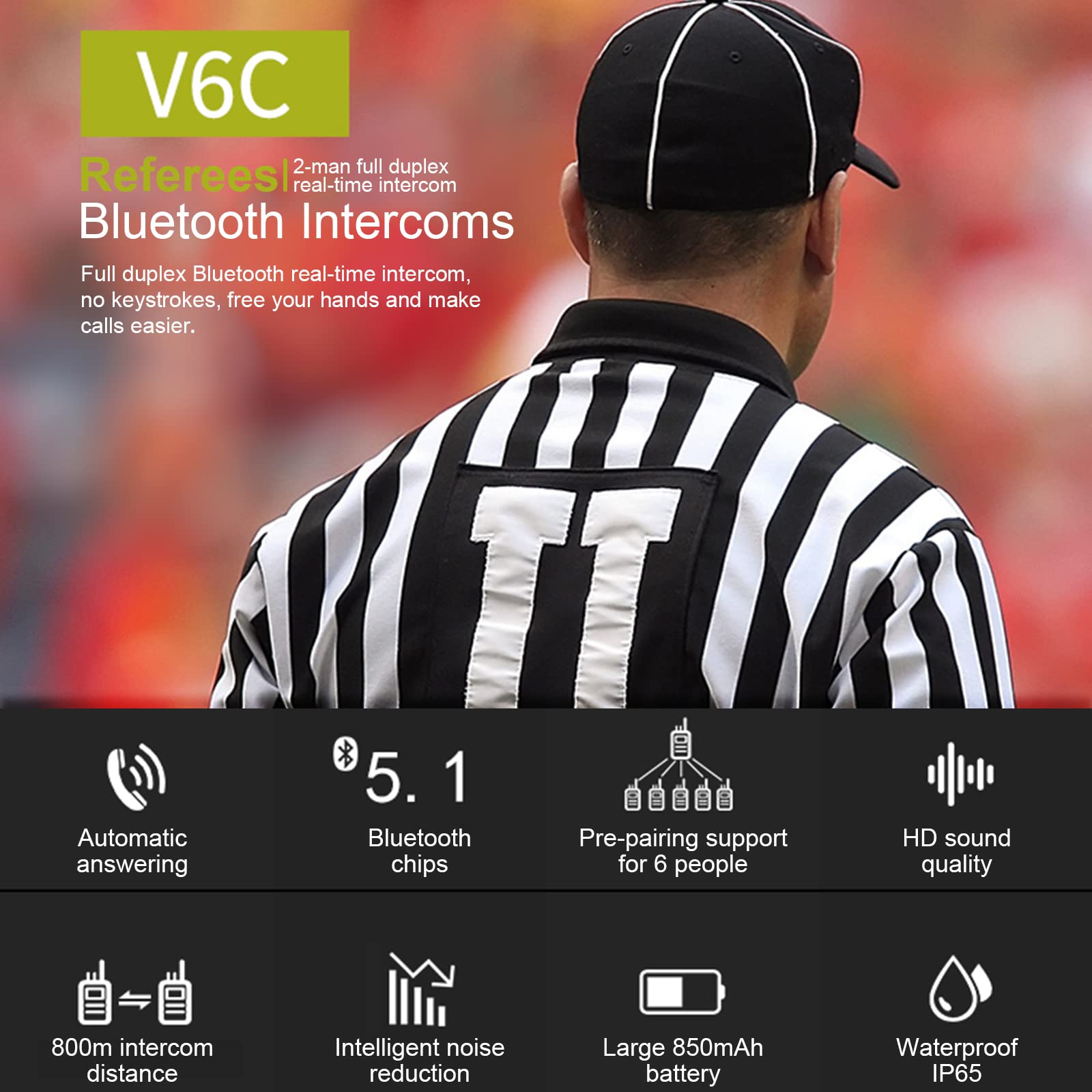 EJEAS V6C Referee Bluetooth Intercom - 2-Way 1200M Professional Wireless Headset Communication System with Armband & Right Earpiece for Football, Handball, Basketball & Soccer Referees (2 Pack) - Ideal for Sports Officiating, Coaching & Team Communication