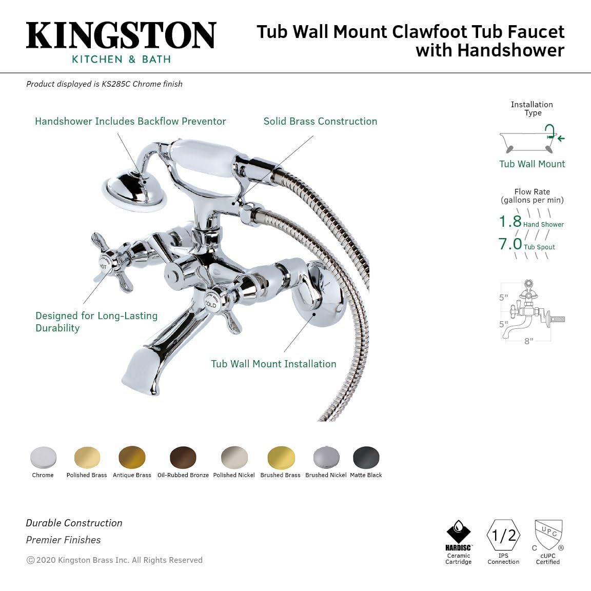 Kingston Brass KS285ORB Essex Clawfoot Tub Faucet - 7 Inch Spout Reach, Oil Rubbed Bronze Finish - Vintage Style Bathroom Fixture for Clawfoot & Freestanding Tubs