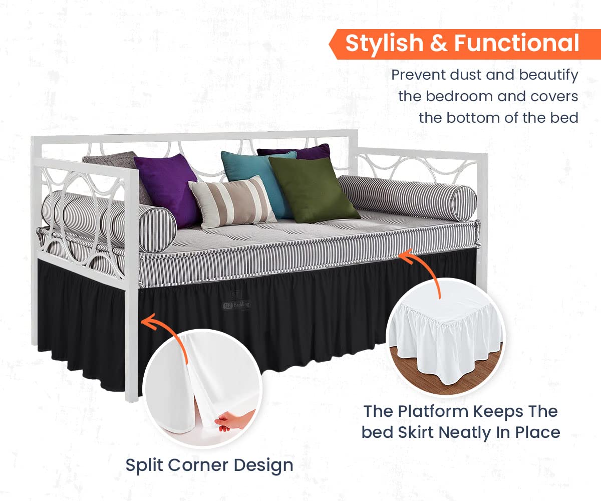 14 Inch Drop Full Size Black Solid Day Bed Skirt - Stylish Ruffled Split Corner Design - Easy Fit & Care - Wrinkle & Fade Resistant Microfiber - Perfect for Guest Rooms, Dorm Decor & Bedroom Makeovers