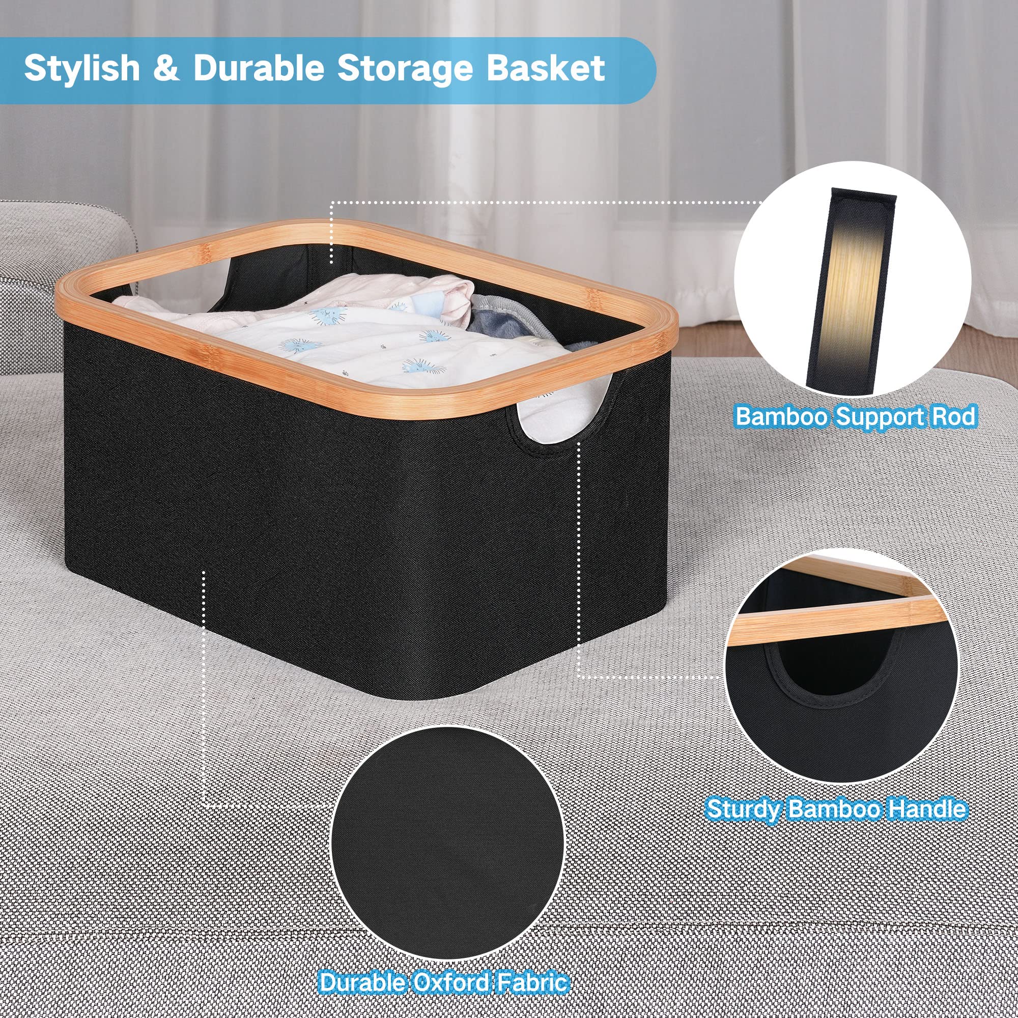 Collapsible Fabric Storage Baskets with Bamboo Handles - Set of 2 Black Organizing Bins for Shelves, Closet & Home Organization - Perfect for Bedroom, Nursery & Laundry Room Storage