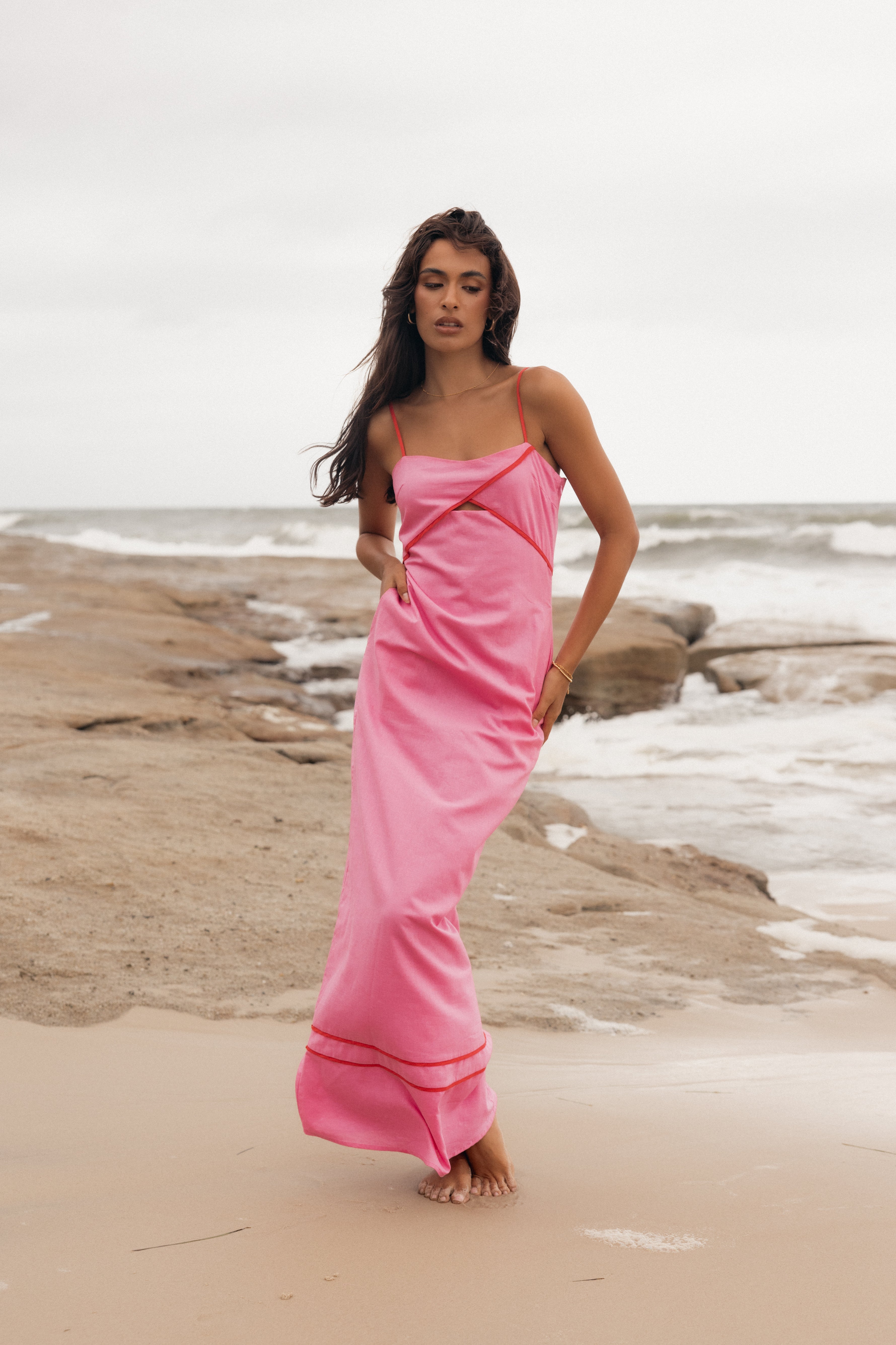 Callie Contrast Trim Maxi Dress - Flowy Long Pink Summer Dress for Women | Beach Wedding, Vacation & Party Wear