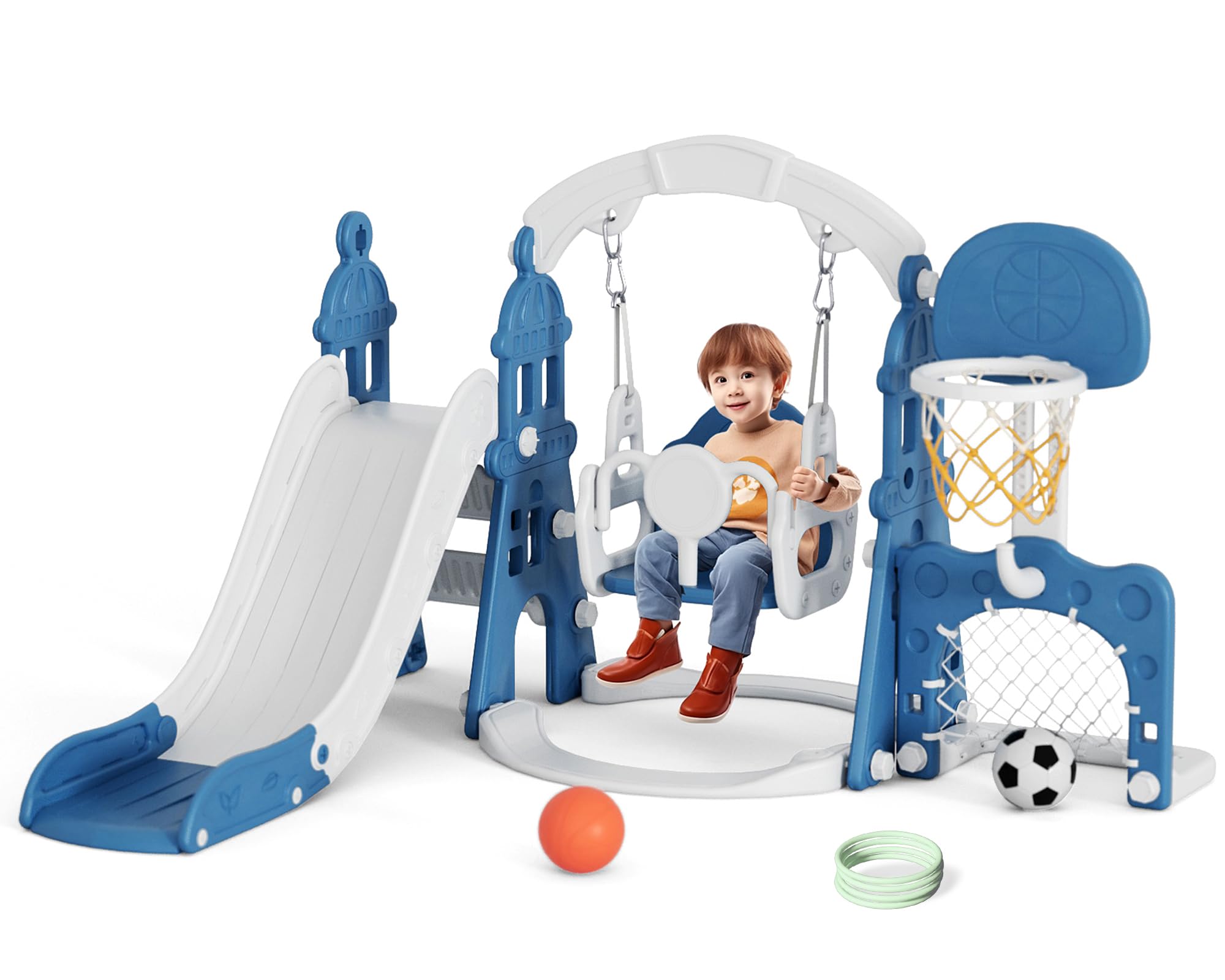 XJD 6-in-1 Toddler Slide and Swing Set - Outdoor & Indoor Playground for Kids Ages 1-3 with Basketball Hoop, Football Frame & Swing - Blue | Perfect for Backyard, Playroom & Preschool Activities