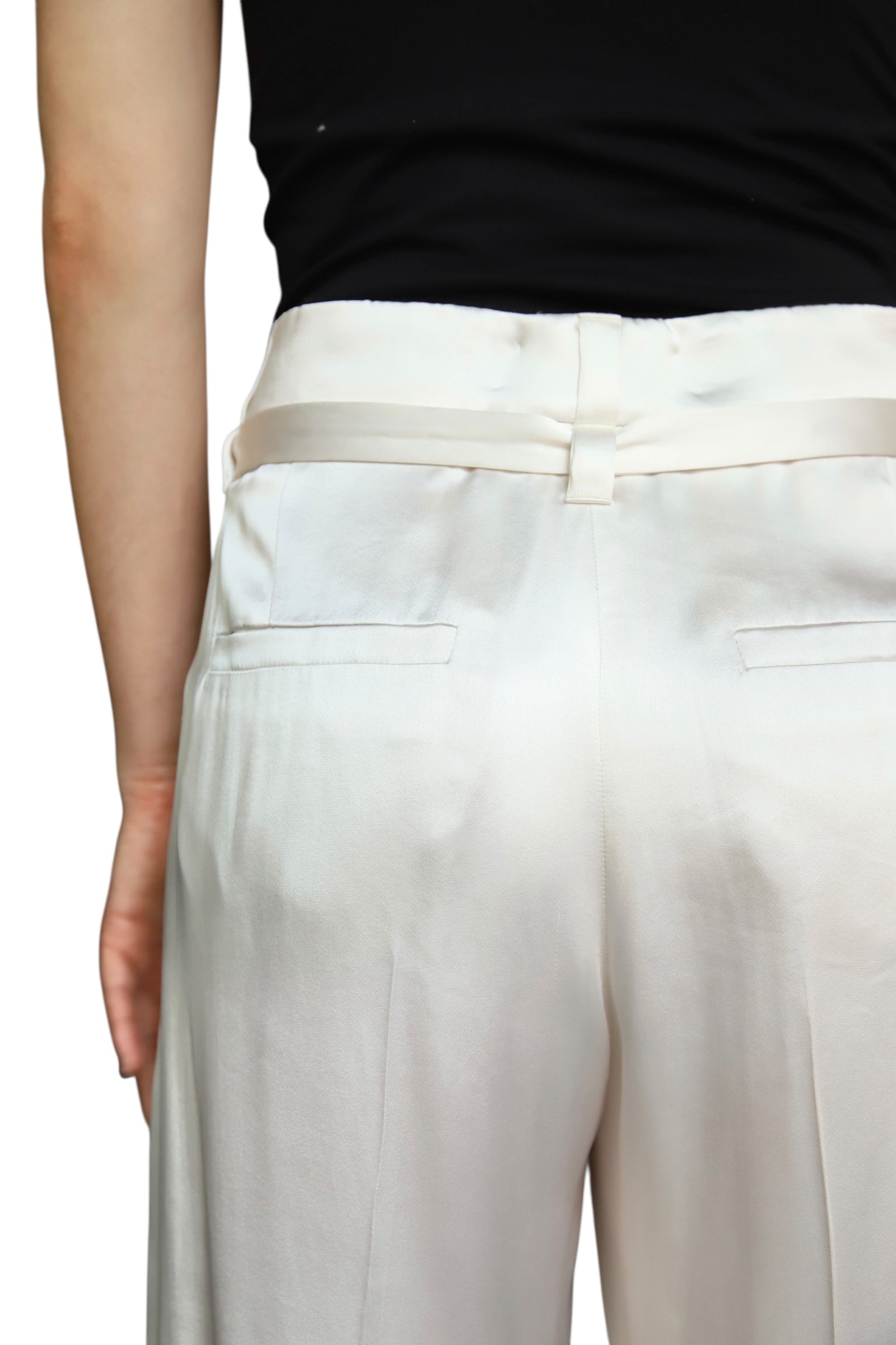 Brunello Cucinelli Ivory Satin Tie Trousers for Women | Size IT 42 / US 6 | Elegant Formal Pants for Office Wear & Special Occasions