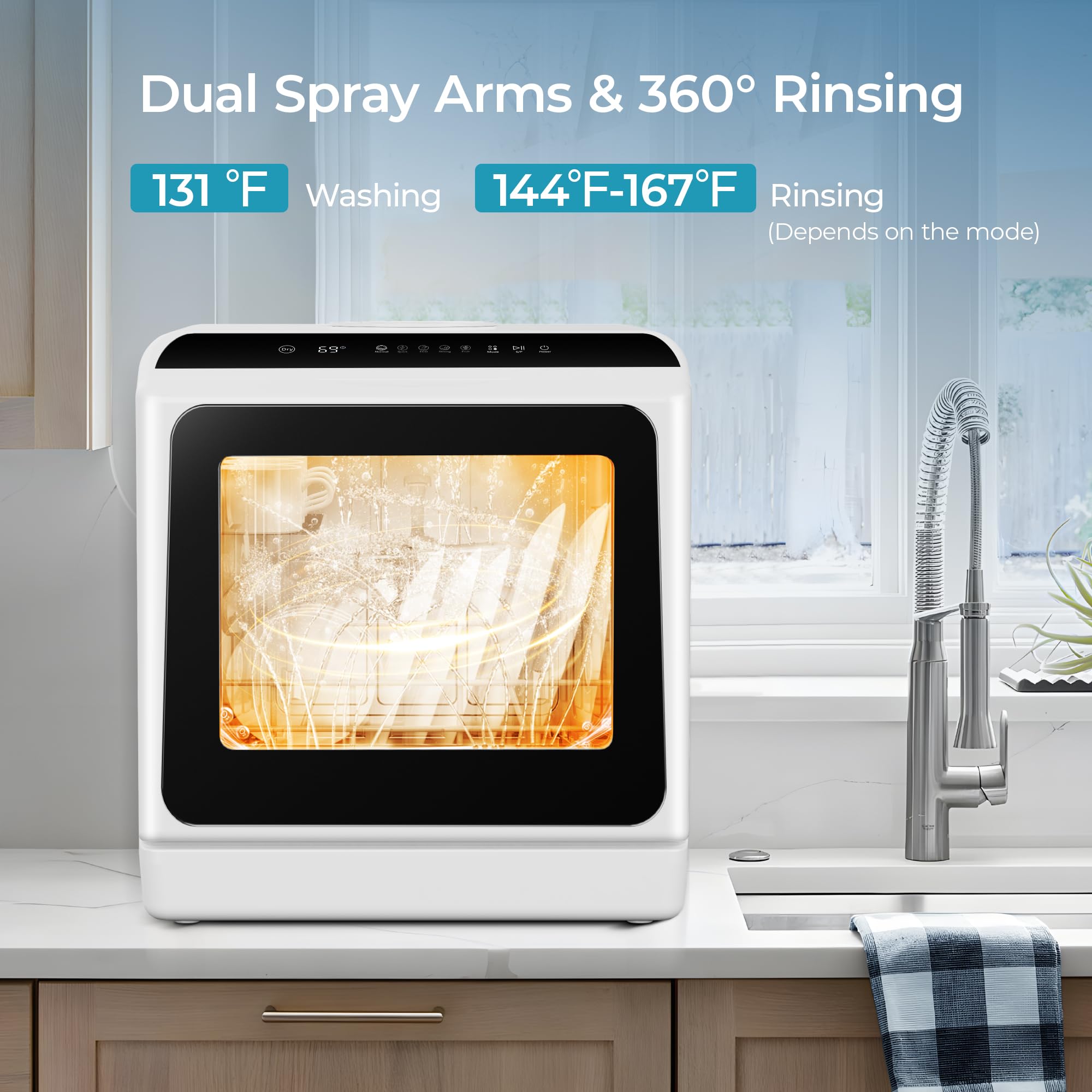 EUHOMY Mini Portable Countertop Dishwasher - Compact Tabletop Dishwasher with 5L Built-in Water Tank, 6 Wash Modes & Baby Care Function - Ideal for Apartments, RVs, Dorms & Small Kitchens - No Plumbing Needed (Perfect for Studio Living, Camping & Tiny Homes)