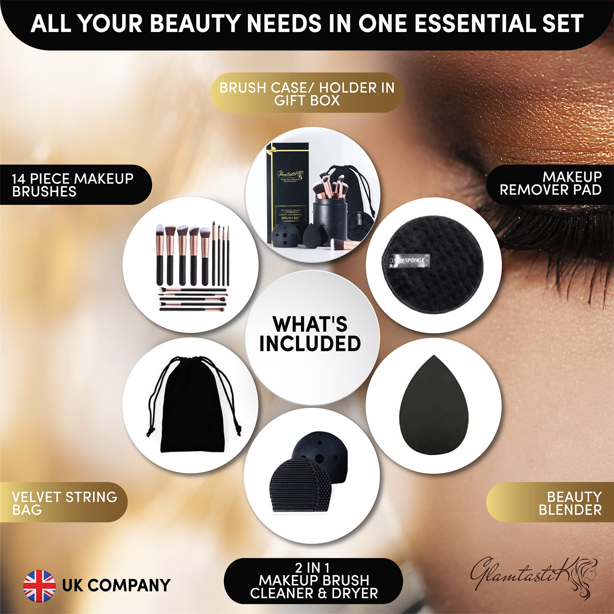 Glamtastik® 19-Piece Vegan Makeup Brush Set - Professional Kabuki Brushes, Beauty Blender & Makeup Remover Pad with Brush Cleaner & Case | Perfect for Travel, Bridal & Everyday Makeup | UK Brand