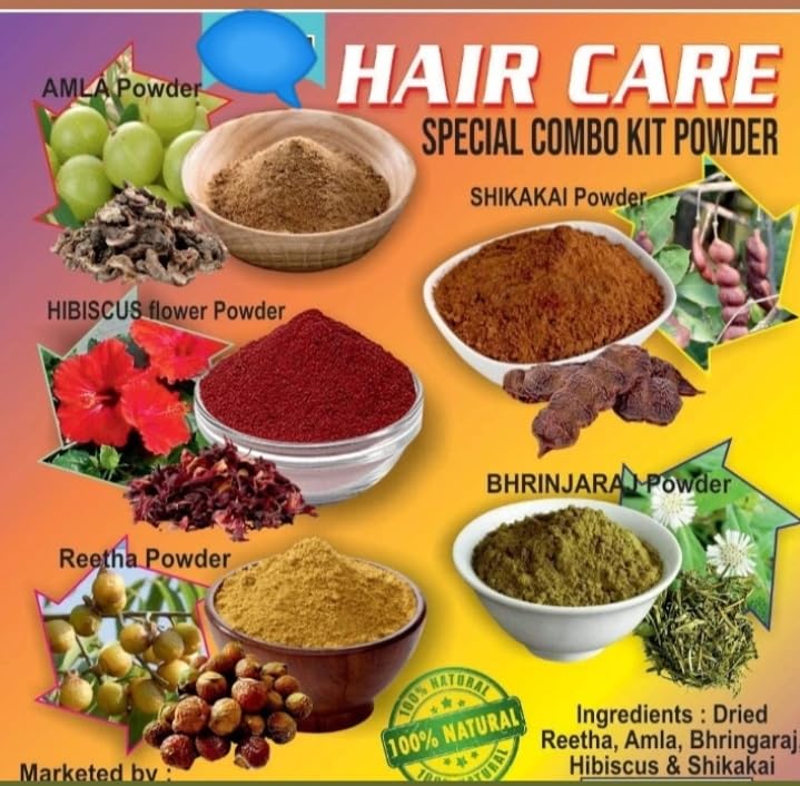 Natural Amla Reetha Shikakai Bhringraj Hibiscus Hair Powder Combo Pack - 5 Herbal Hair Care Powders (100g Each, Total 500g) for Hair Growth, Dandruff & Scalp Care | DIY Hair Masks & Ayurvedic Treatments