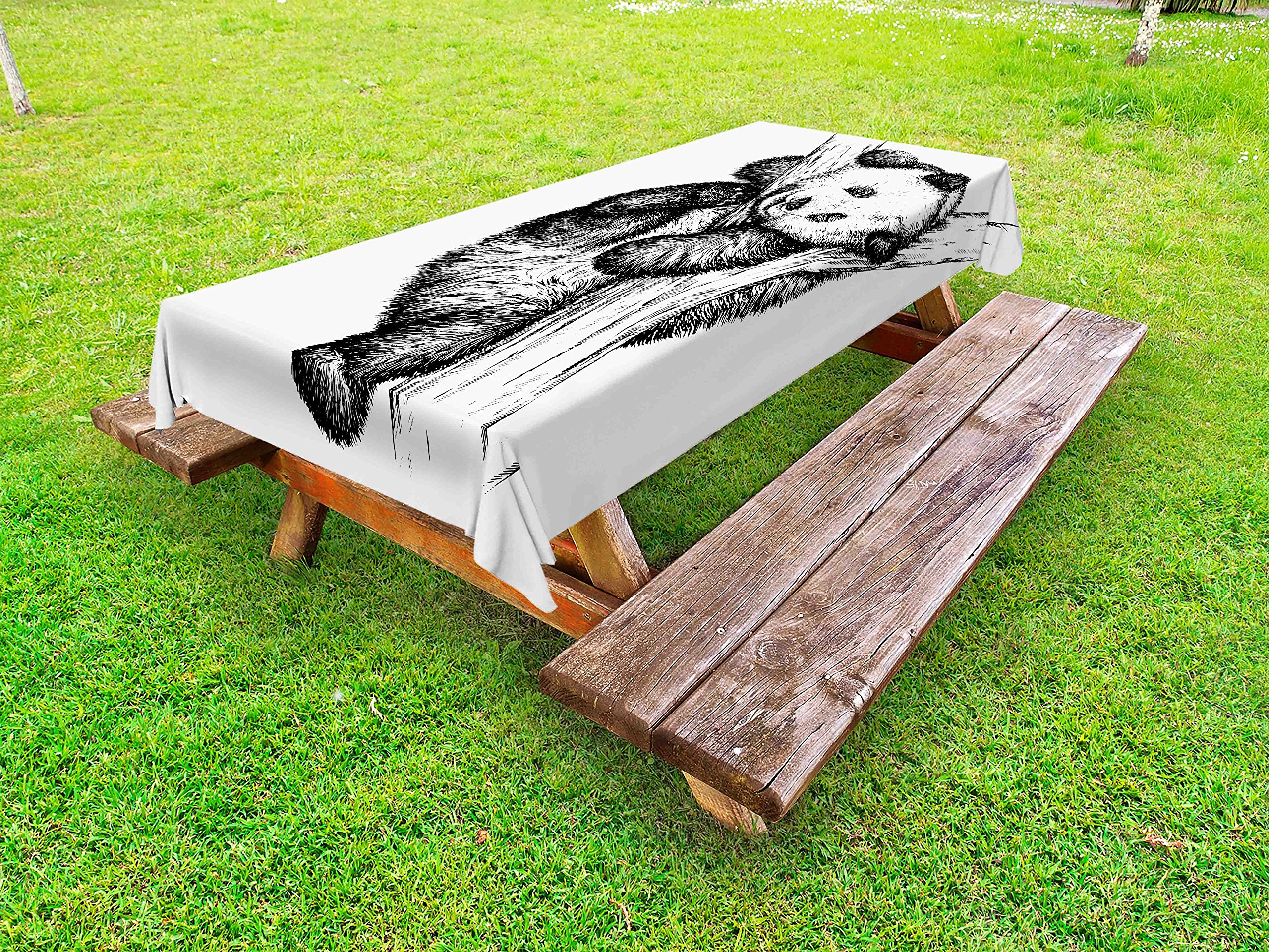 Ambesonne Animal Print Outdoor Tablecloth - Little Panda Bear on Tree Branch, Tropical Jungle Zoo Sketch Design, Washable Picnic Table Cover 58x104 Inches, Black & White - Perfect for BBQs, Garden Parties & Outdoor Dining