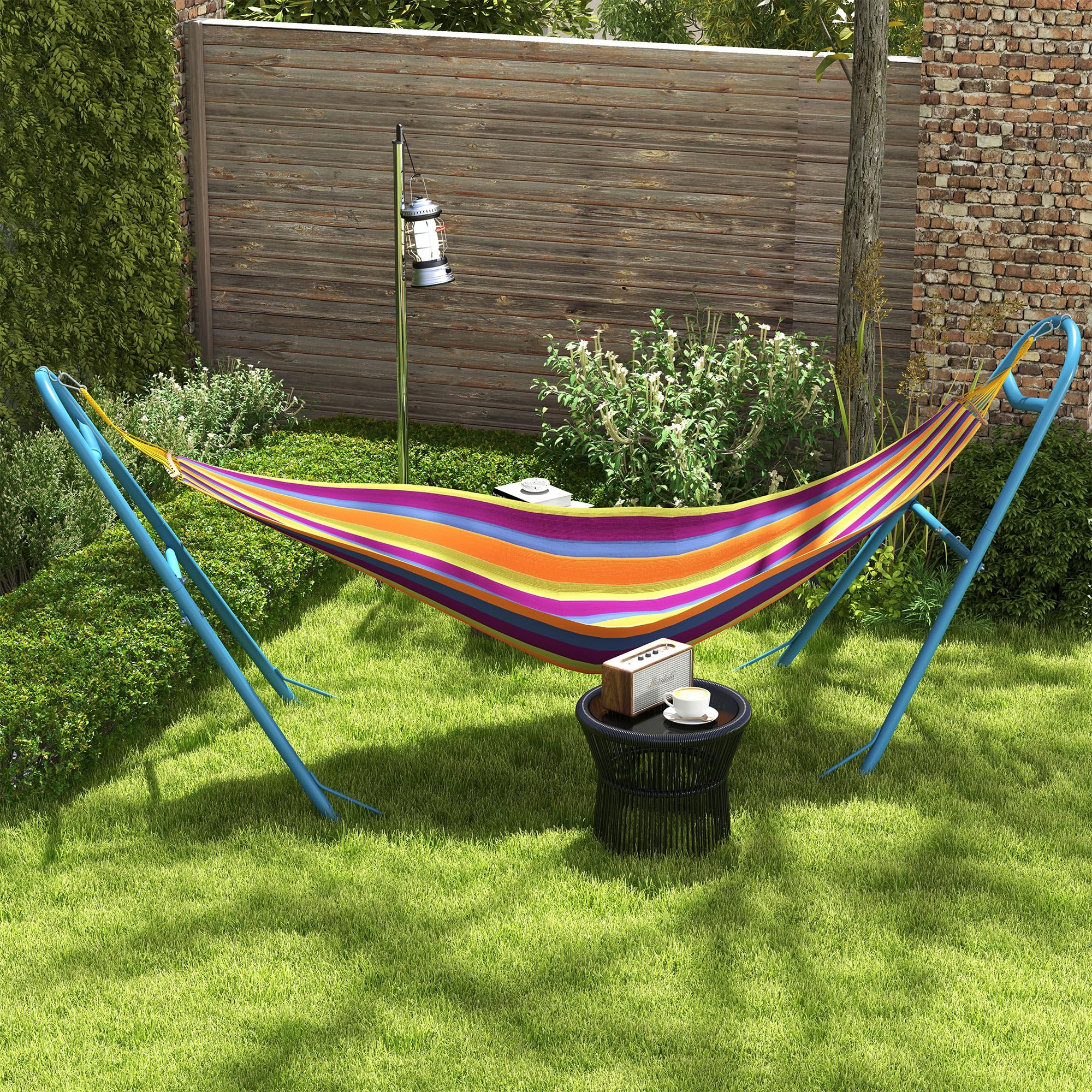 Outsunny 2-Person Portable Hammock Stand - Adjustable Steel Frame with Weather-Resistant Finish for 9-14ft Hammocks (550 lbs Capacity, Blue) - Perfect for Backyard, Patio, Camping & Beach Relaxation