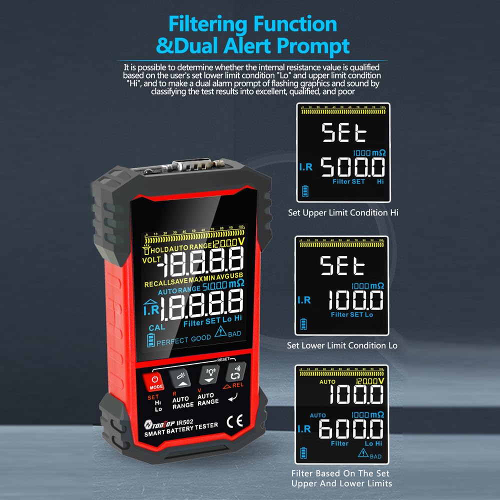 WOTAO 3.2-inch Digital Battery Internal Resistance Tester - Professional Voltage Measurement Device with Self-Calibration, Dual Alarm & Auto Shutoff - Perfect for Car Batteries, Solar Panels & Electronics Maintenance