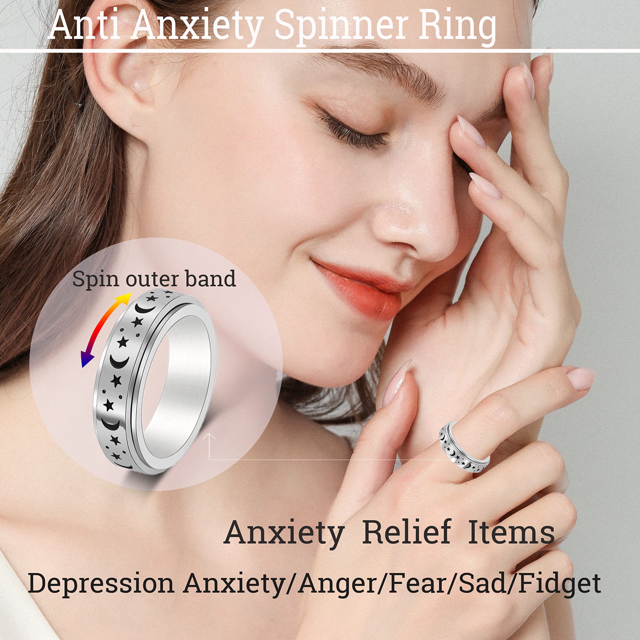Anxiety Spinner Ring for Women & Men - 6mm Moon Star Design for Stress Relief