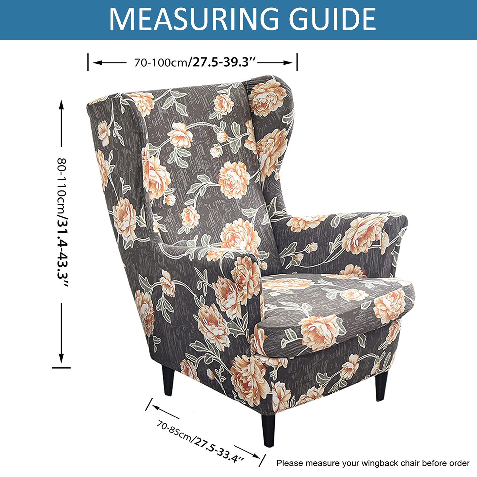 Printed Stretch Wing Chair Slipcover - 2 Piece Wingback Chair Cover Set, Soft Spandex Armchair Slipcovers, Removable & Washable Furniture Protector for Living Room, Bedroom, Office - Perfect for Home Decor Refresh & Pet Protection
