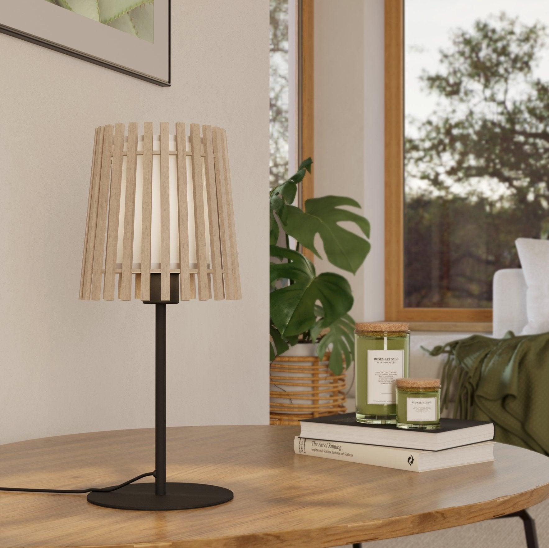 Eglo Fattoria Black Wooden Slat Shade Table Lamp - Modern Farmhouse Lighting for Living Room, Bedroom & Office Decor
