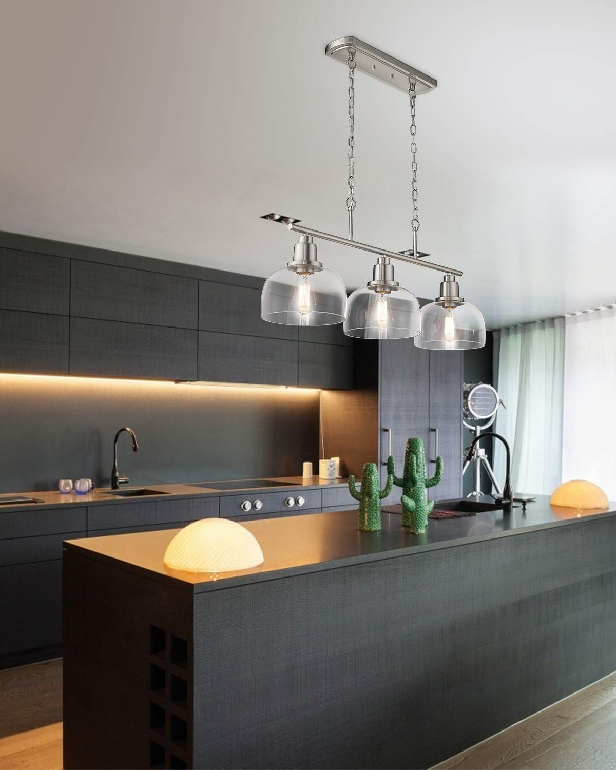 EAPUDUN 3-Light Kitchen Island Pendant Lighting - Farmhouse Style Brushed Nickel Ceiling Light with Clear Glass Shades for Dining Room, Bar, Pool Table & More (Model PDA1125-BNK) | Perfect for Modern Farmhouse, Industrial & Rustic Home Decor