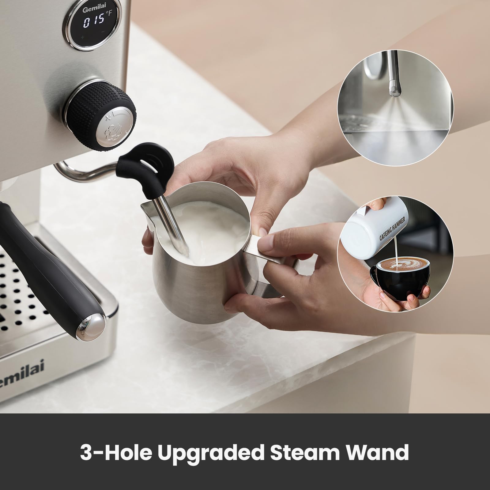 15 Bar Professional Espresso Machine with Milk Frother Steam Wand - 1450W Fast Heating Boiler, 57oz Removable Water Tank - Perfect for Latte, Cappuccino & Americano - Brushed Stainless Steel Coffee Maker (G3007L) - Ideal for Home Baristas & Coffee Shops