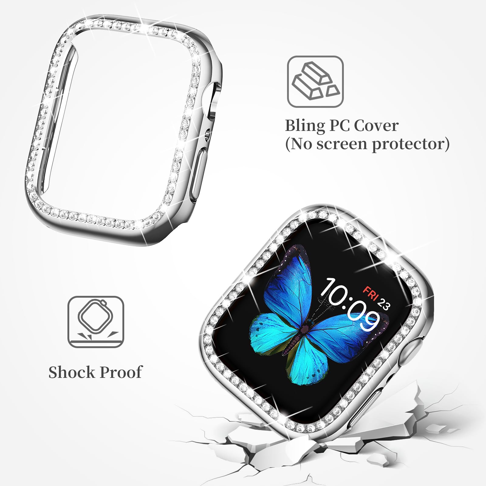SUPOIX Luxury Bling Diamond Metal Band & Protective Case for Apple Watch 41mm Series 9/8/7 - Stylish Jewelry Replacement Strap + 2 Pack Covers (Silver) | Perfect for Women's Fashion, Workout & Everyday Wear