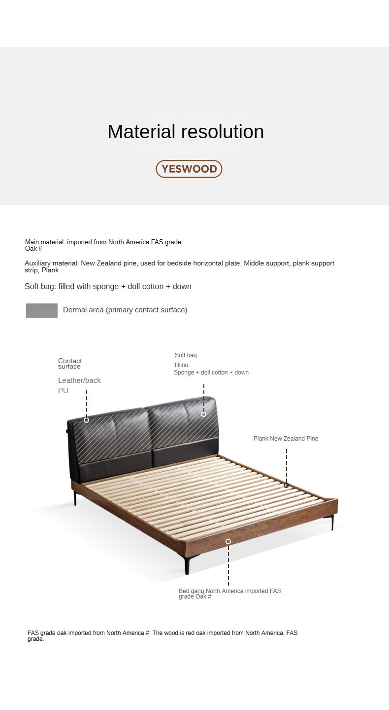 Luxury Oak Solid Wood Bed with Soft Leather Upholstery - Elegant Master Bedroom Furniture for Modern Home Decor