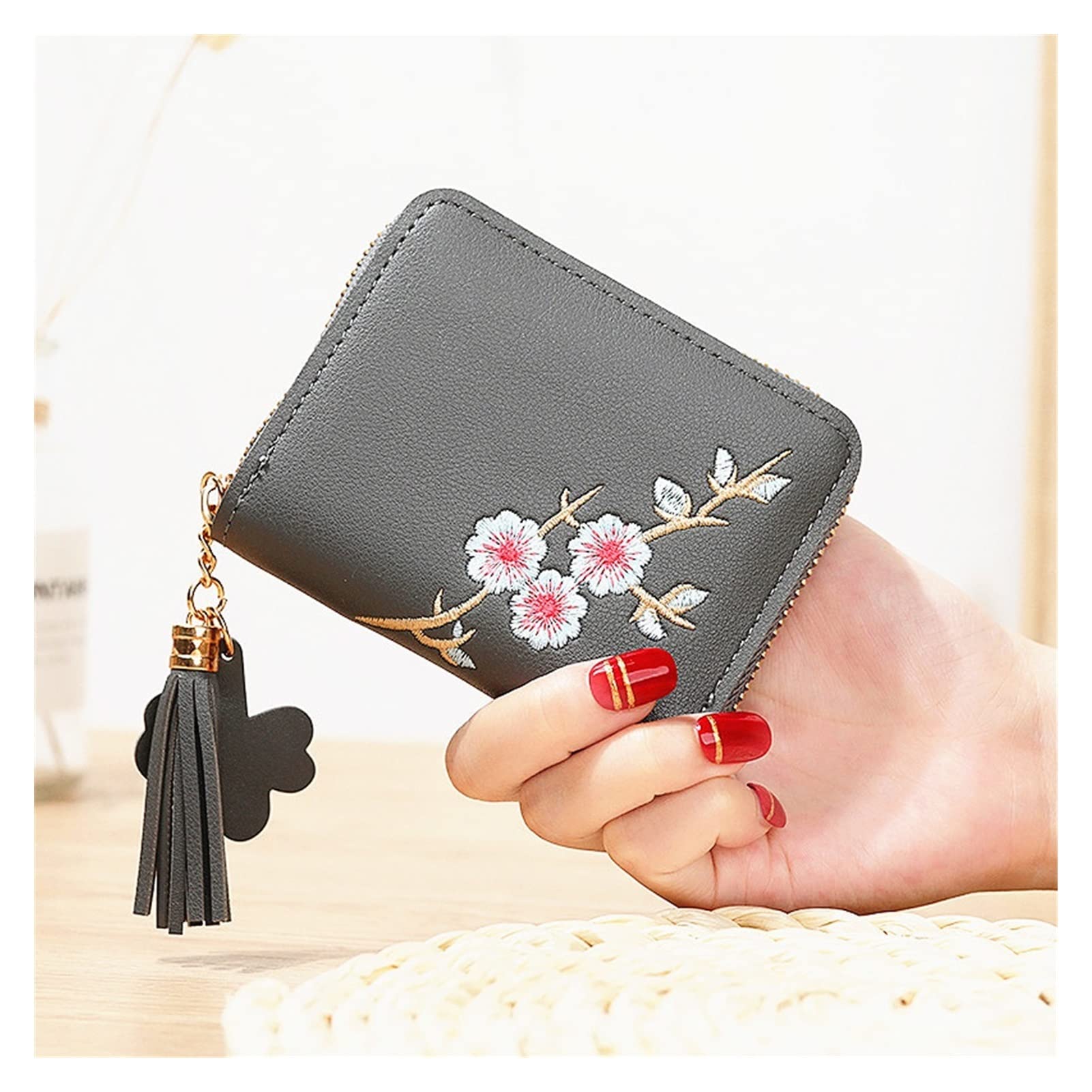 Plum Embroidered Women's Short Zipper Wallet - Fashion PU Leather Small Clutch Purse for Ladies - Casual Card Holder & Coin Pouch (Solid Colors) - Perfect for Everyday Use, Parties, and Gift Giving