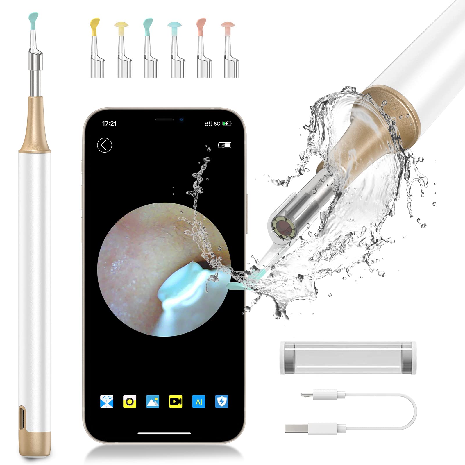 Wireless Ear Otoscope with Light & Camera - Ear Wax Removal Kit & Cleaner for Safe Ear Cleaning - Perfect for Home Use & Medical Professionals (WhiteGold)