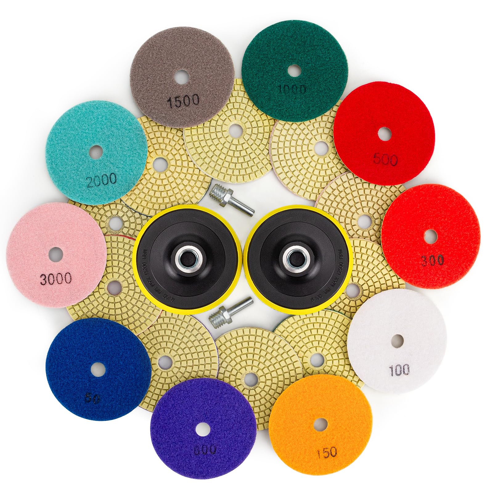 12 Pack 4 Inch Diamond Polishing Pads Set - Wet/Dry Polishing Kit with 10pcs 50#-3000# Grit Pads & 2pcs Hook and Loop Backer Pads for Granite, Stone, Concrete, Marble - Perfect for Floor Grinding, Polishing & Surface Restoration