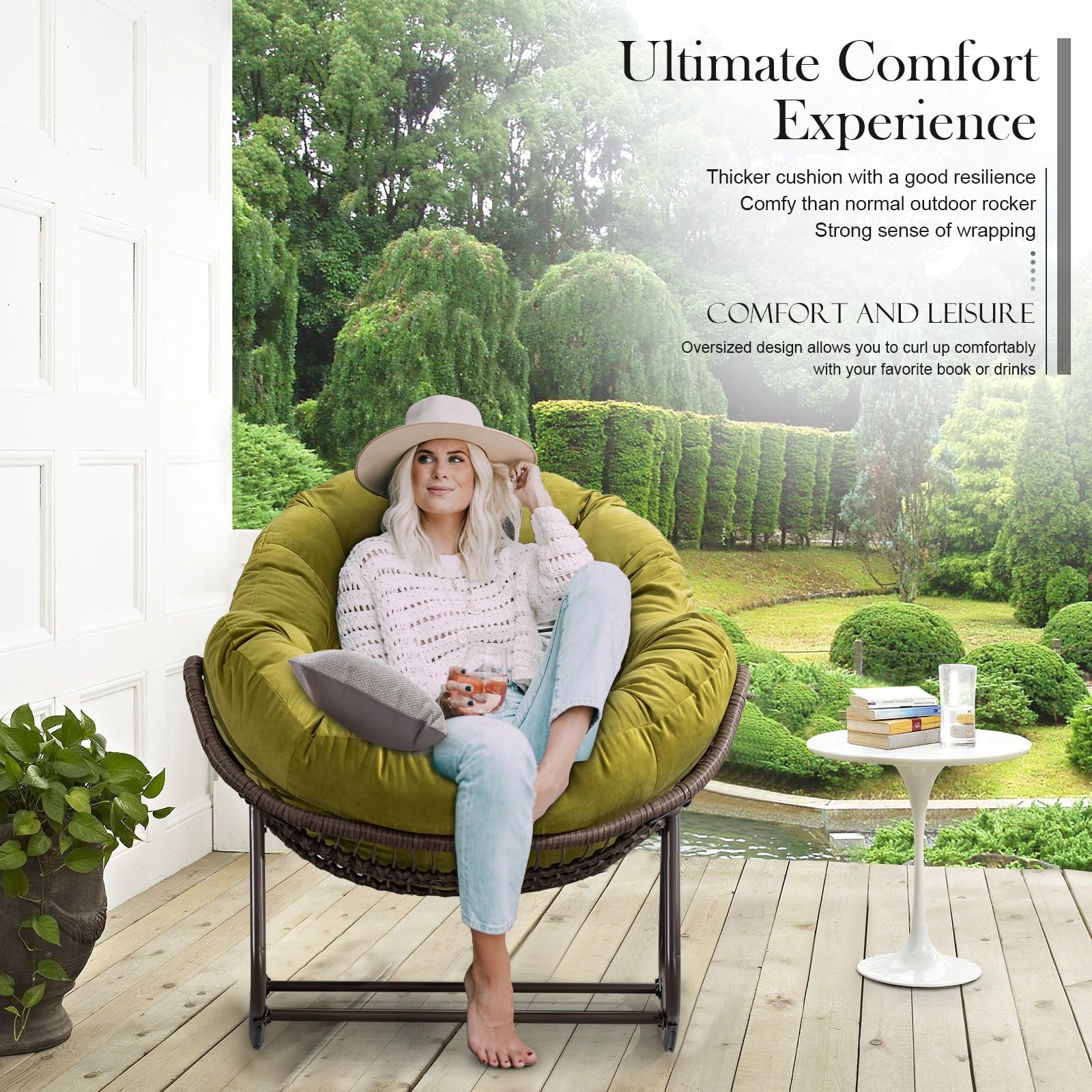 Outdoor Rocking Chair - Oversized Rattan Egg Rocking Chair with Padded Cushion, Modern Patio Lounge Chair for Front Porch, Garden, Backyard, Balcony & Deck - Olive Green - Perfect for Relaxing, Reading & Enjoying Outdoor Spaces
