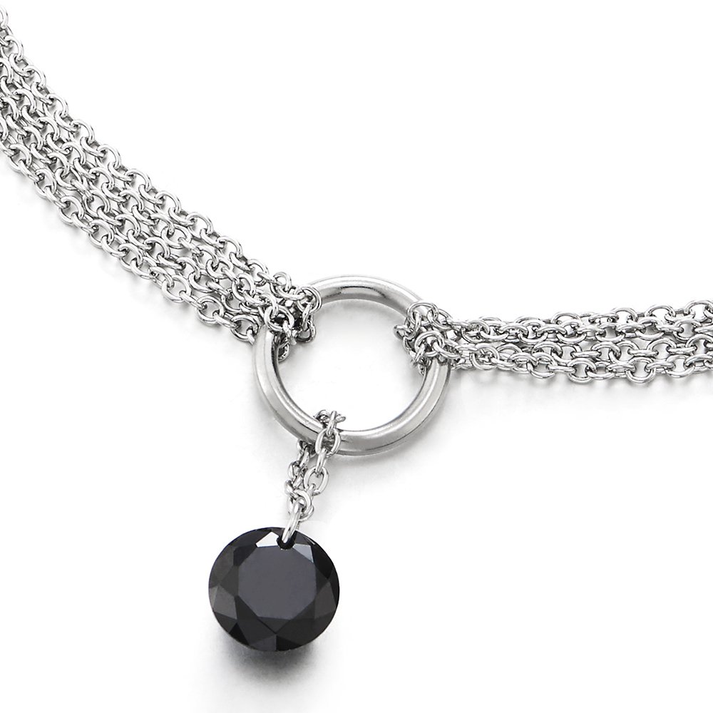 COOLSTEELANDBEYOND 8MM Stainless Steel Multi-Strand Anklet Bracelet with Dangling Charms & Black Cubic Zirconia | Adjustable Ankle Chain for Women | Perfect for Beach, Party & Everyday Wear