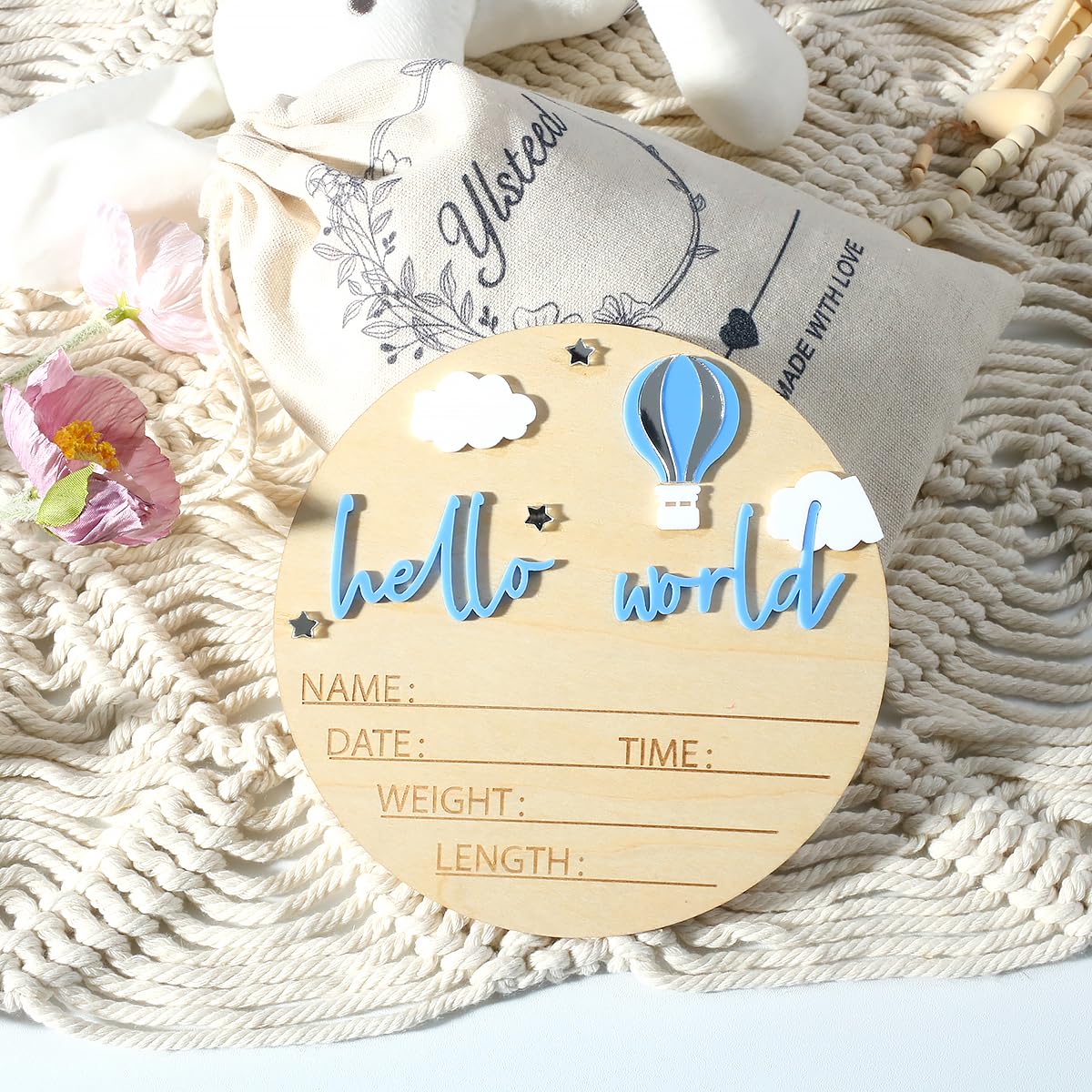 Ylsteed Wooden Baby Announcement Sign - Custom Newborn Name Sign for Boy & Girl, Hello World Birth Decor, Photography Props, Baby Shower & Nursery Decor - Perfect for Hospital Photos, Gender Reveals & First Birthday Parties