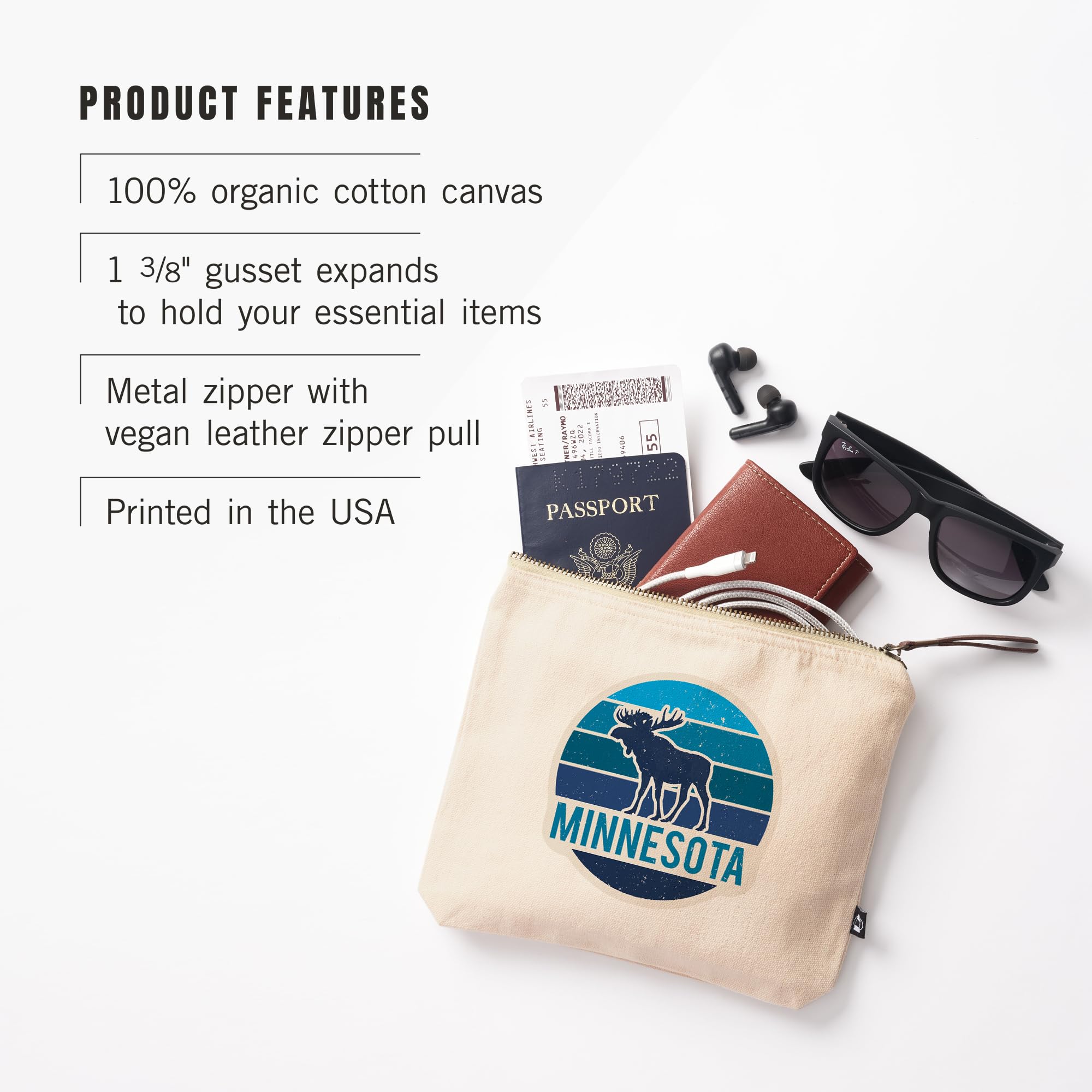 Lantern Press Minnesota Moose 100% Cotton Zipper Pouch - Waterproof Travel Accessory & Go Bag for Camping, Hiking, and Outdoor Adventures