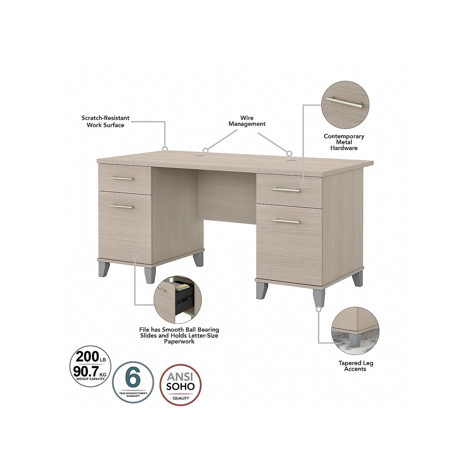 Bush Furniture Somerset 60W Office Desk with Drawers in Sand Oak - Modern Home Office Desk with Storage for Small Spaces, Work from Home & Study