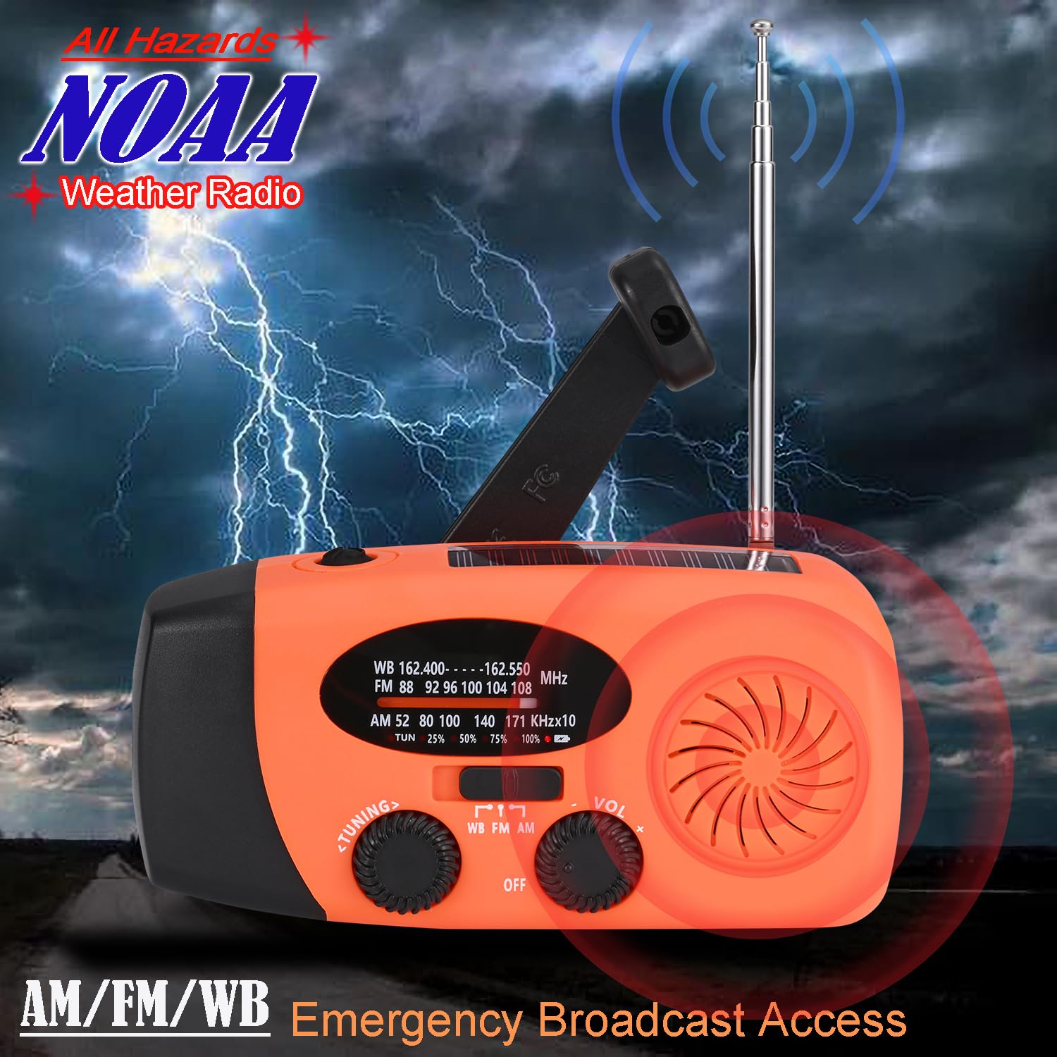 5000mAh NOAA Emergency Weather Radio - Solar & Hand Crank Powered AM/FM Radio with SOS Alarm, LED Flashlight, Phone Charger & Headphone Jack (Orange) - Perfect for Outdoor Adventures, Camping, Hiking & Emergency Preparedness