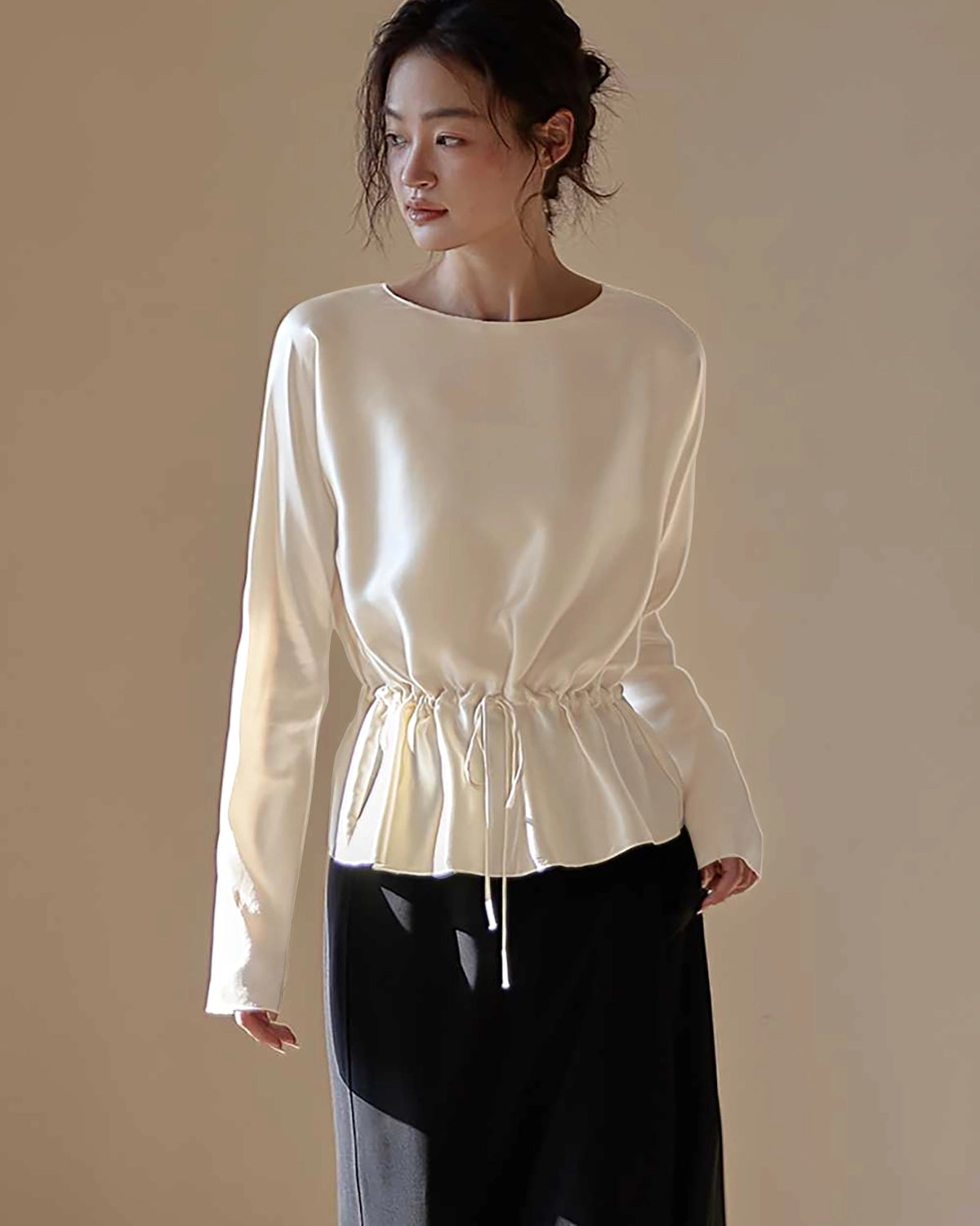 Elegant Drawstring Waist Silk Blouse for Women - Soft & Luxurious Long Sleeve Tops - Perfect for Office, Date Night & Special Occasions