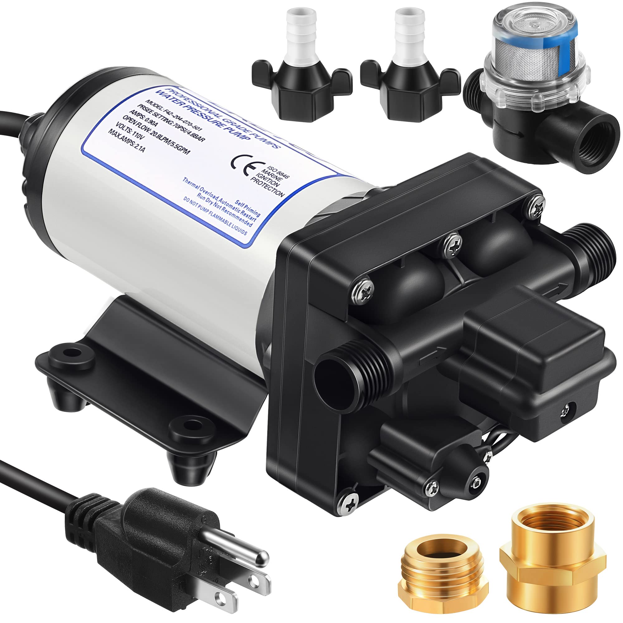 High Pressure Water Booster Pump 110V 5.5 GPM 70 PSI - Self Priming Industrial Water Pump with Power Plug & Brass Fittings - Ideal for Kitchen, Bathroom, RV, Marine, Caravan, Garden Irrigation (Black)