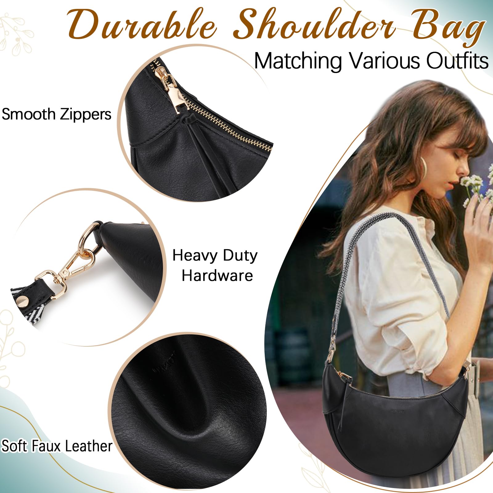 VX VONXURY Women's Small Crescent Shoulder Bag - Crossbody Hobo Purse with 2 Detachable Straps, Underarm Handbag for Daily Use, Work & Travel