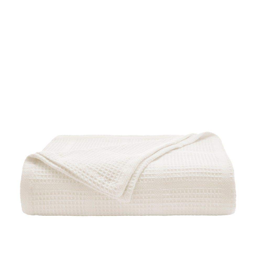Kenneth Cole Twin Size Waffle Weave Cotton Blanket - Lightweight & Breathable All Season Bedding - Soft Cozy Throw for Bed, Couch, Sofa, Travel - White Waffle Grid Design