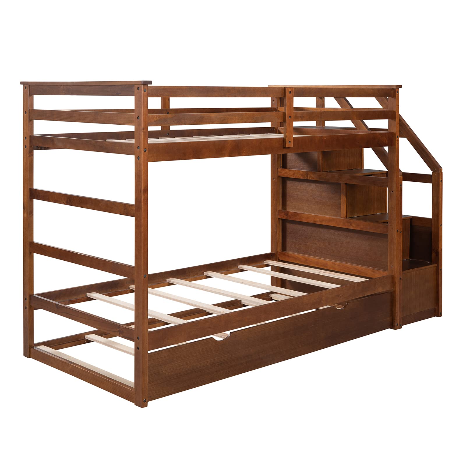 Premium Twin Over Twin Bunk Bed Frame with Trundle & Storage Stairs - Solid Wood Construction, Slat Support & Safety Guard Rail - No Box Spring Needed - Easy Assembly - Walnut Finish - Perfect for Kids' Bedrooms, Guest Rooms & Space-Saving Solutions