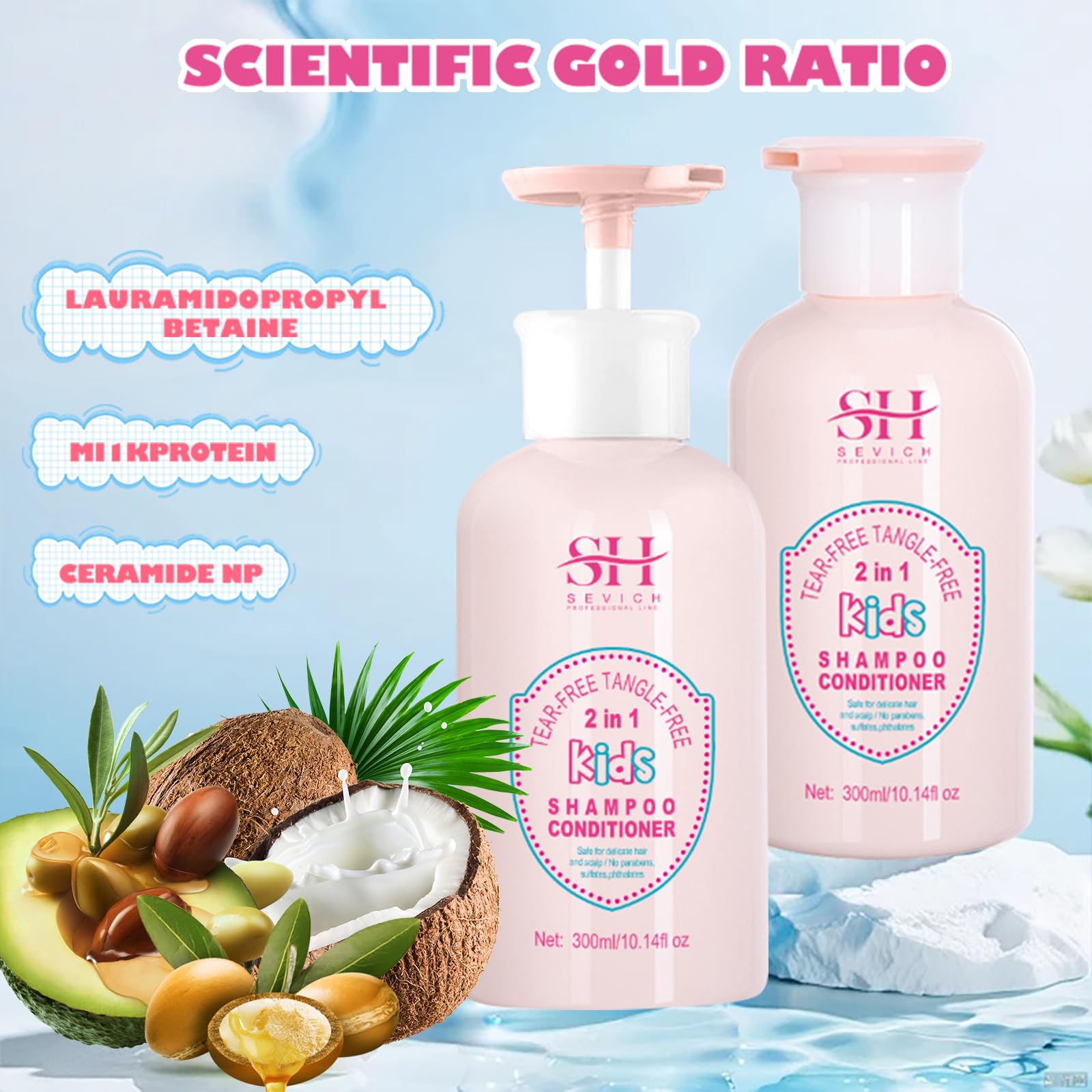 SEVICH Kids 2-in-1 Shampoo & Conditioner - Tear-Free, Hypoallergenic & Sulfate-Free Formula for Gentle Cleansing & Moisturizing - Hydrating for Sensitive Scalp - 10.14 fl oz (300ml) - Perfect for Daily Bath Time & Sensitive Skin Care