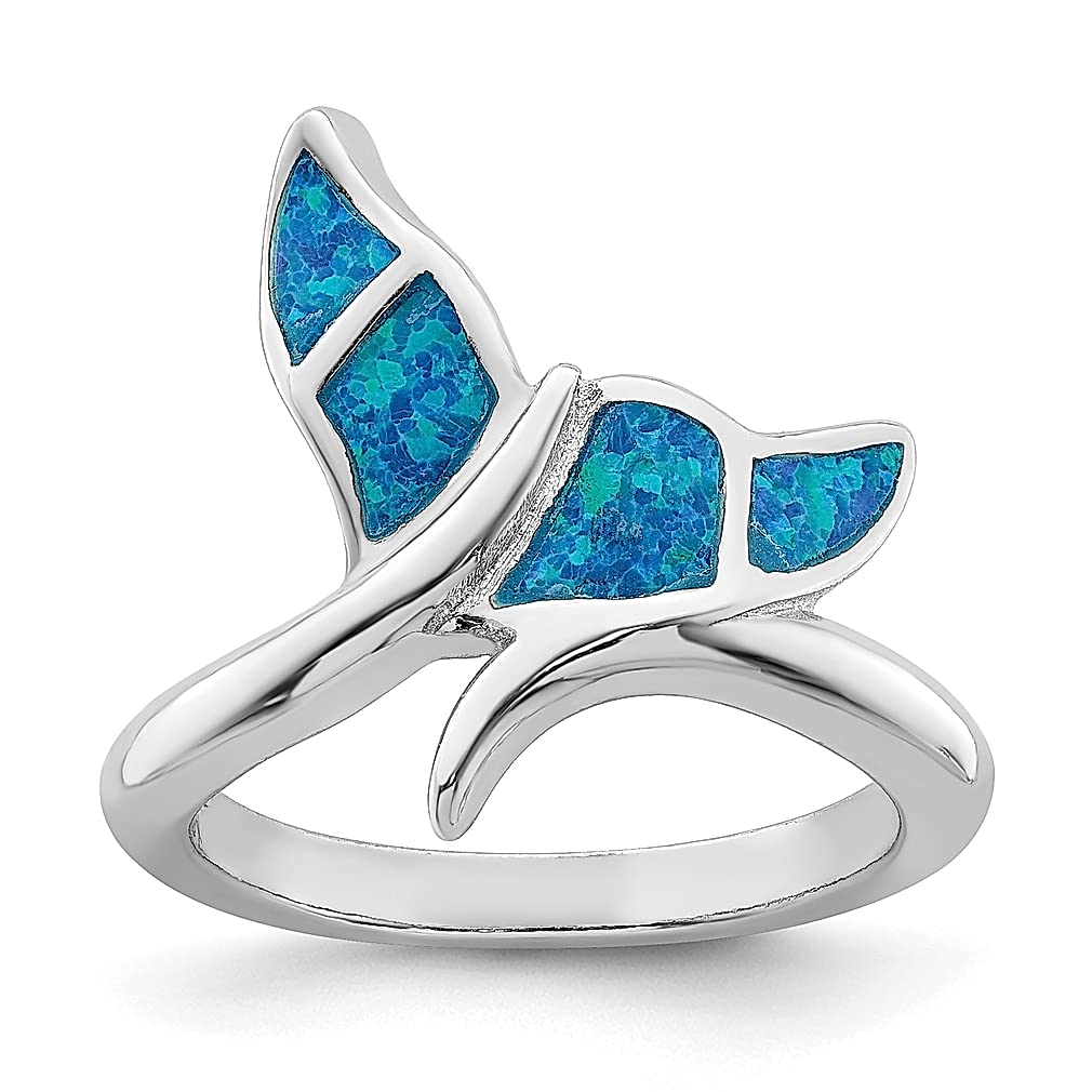 925 Sterling Silver Rhodium Plated Blue Inlay Created Opal Whale Tail Band Ring | Ocean Inspired Jewelry for Women | Perfect Gift for Her | Beach Wedding, Anniversary & Boho Fashion Accessory