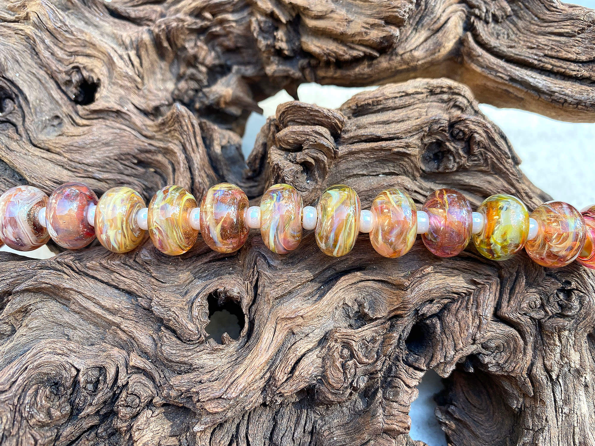 14 Handmade Fall Ruby Topaz Lampwork Glass Beads Set for Jewelry Making - DIY Necklace, Bracelet, Earrings - Perfect for Autumn Crafts & Gifts
