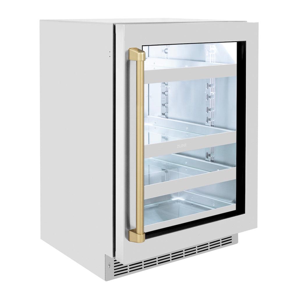 ZLINE Autograph Edition 24 Inch Touchstone 151 Can Beverage Refrigerator - Stainless Steel Glass Door with Champagne Bronze Handle - Compact Wine & Beer Cooler for Home Bar, Kitchen, or Office Use (RBSOZ GS 24 CB)