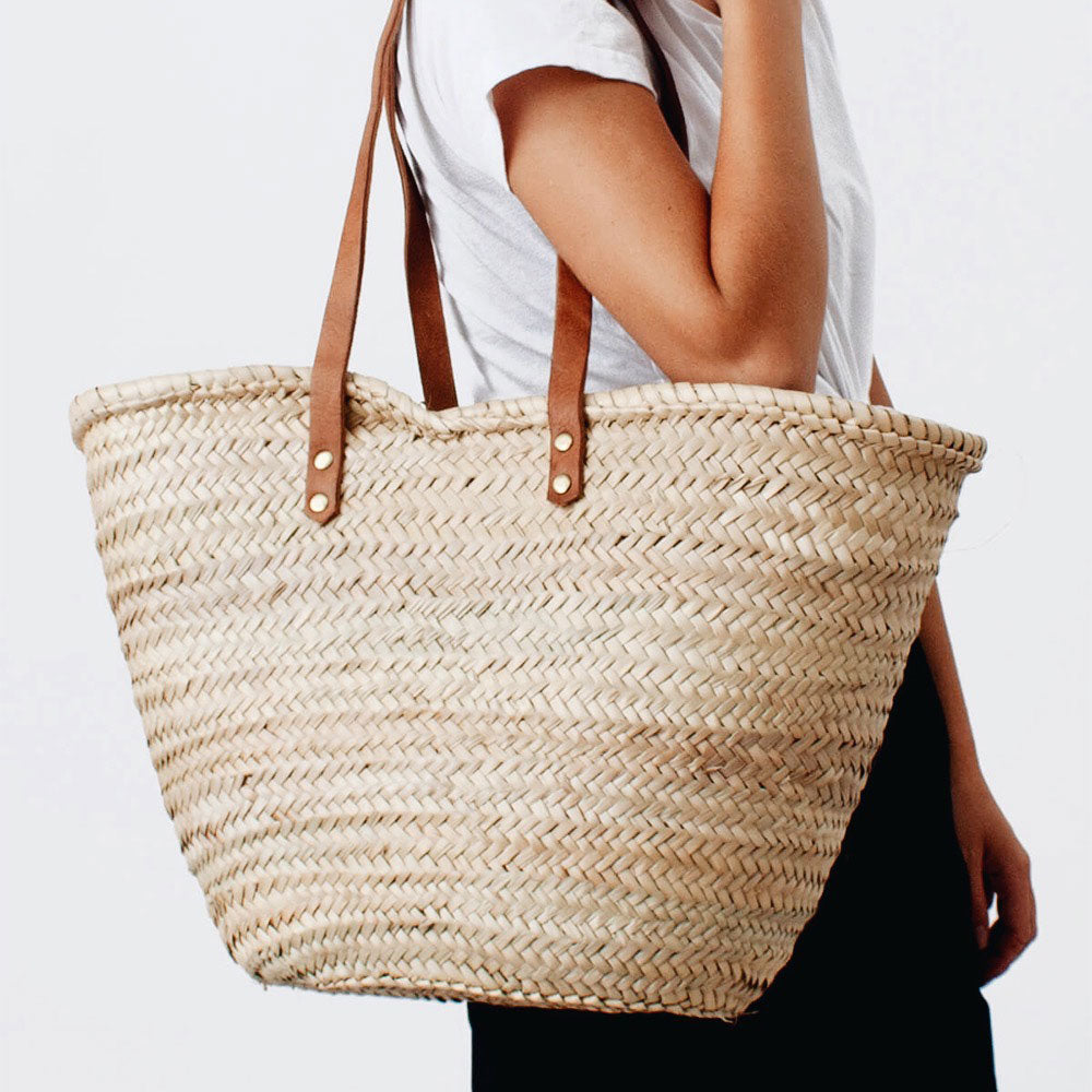 Eco-Friendly Palm Leaf Shopping Tote Bag with Genuine Leather Handles - Perfect for Groceries, Beach Trips & Farmers Market