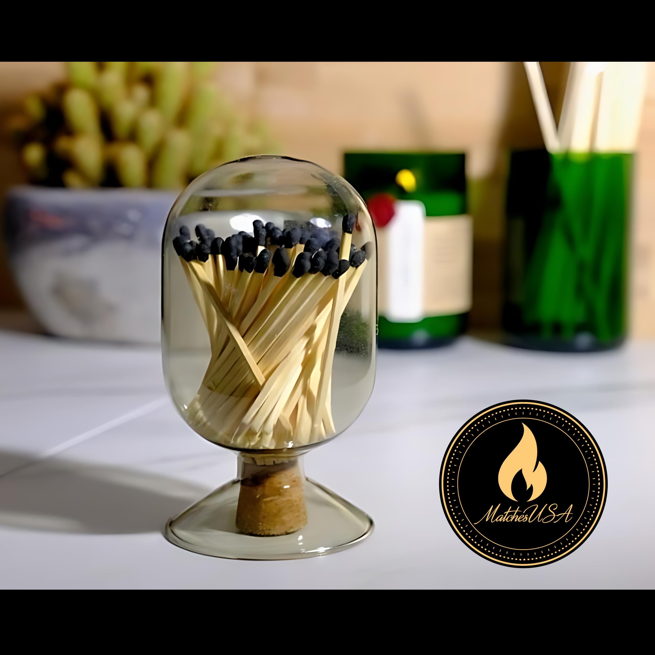 Smoke Gray Glass Match Cloche with Black Matches - Grey Tinted Decorative Match Holder Jar for Candle Display | Perfect for Home Decor, Wedding Centerpieces & Fireplace Accessories