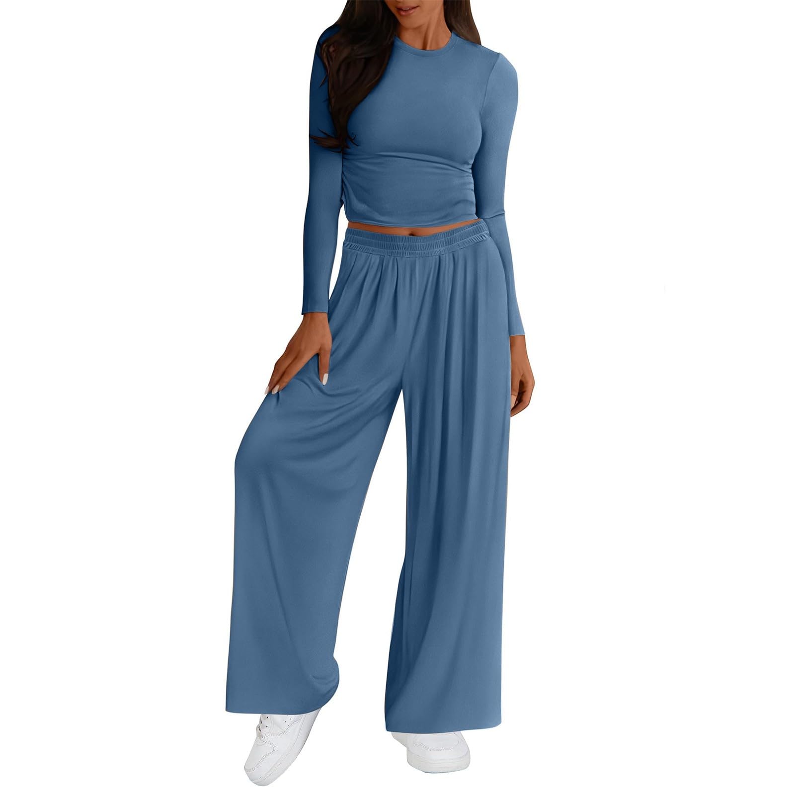 Sexy Women's Two Piece Sets - Long Sleeve Crop Top & High Waist Wide Leg Pants | Lounge Wear, Yoga Outfits, Workout Tracksuits | Perfect for Gym, Home Comfort & Street Style Fashion