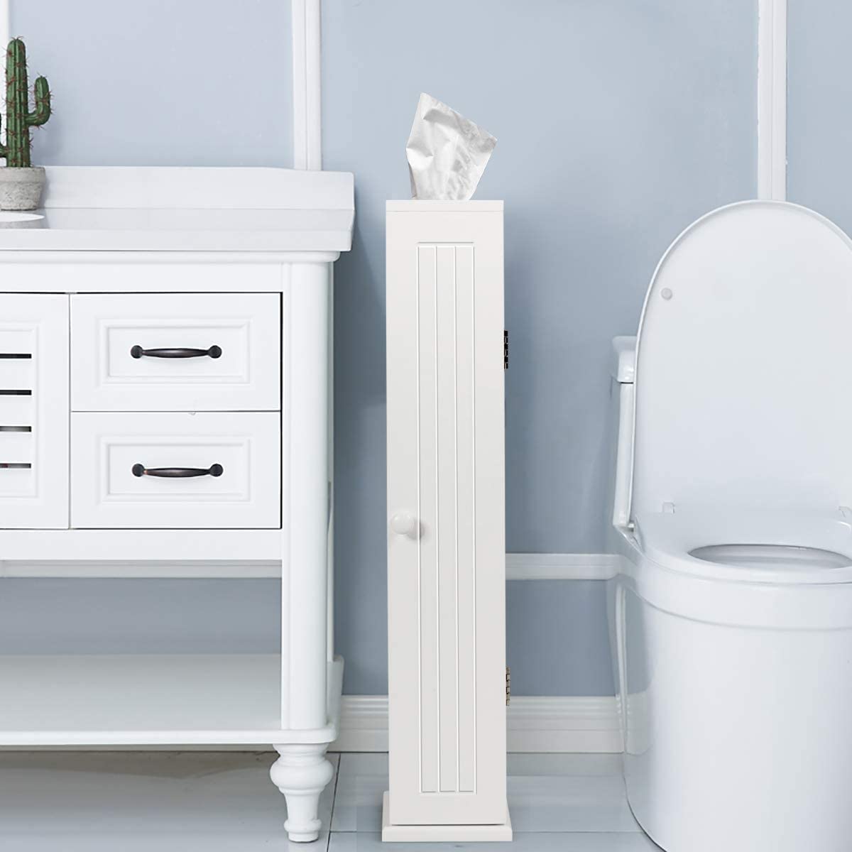 LUARANE Toilet Paper Storage Tower - Free Standing 4-Tier Bathroom Organizer with Detachable Shelves & Door - White Floor Cabinet for Toilet Paper, Towels & Bath Essentials - Perfect for Small Bathrooms, Apartments & Kitchen Storage