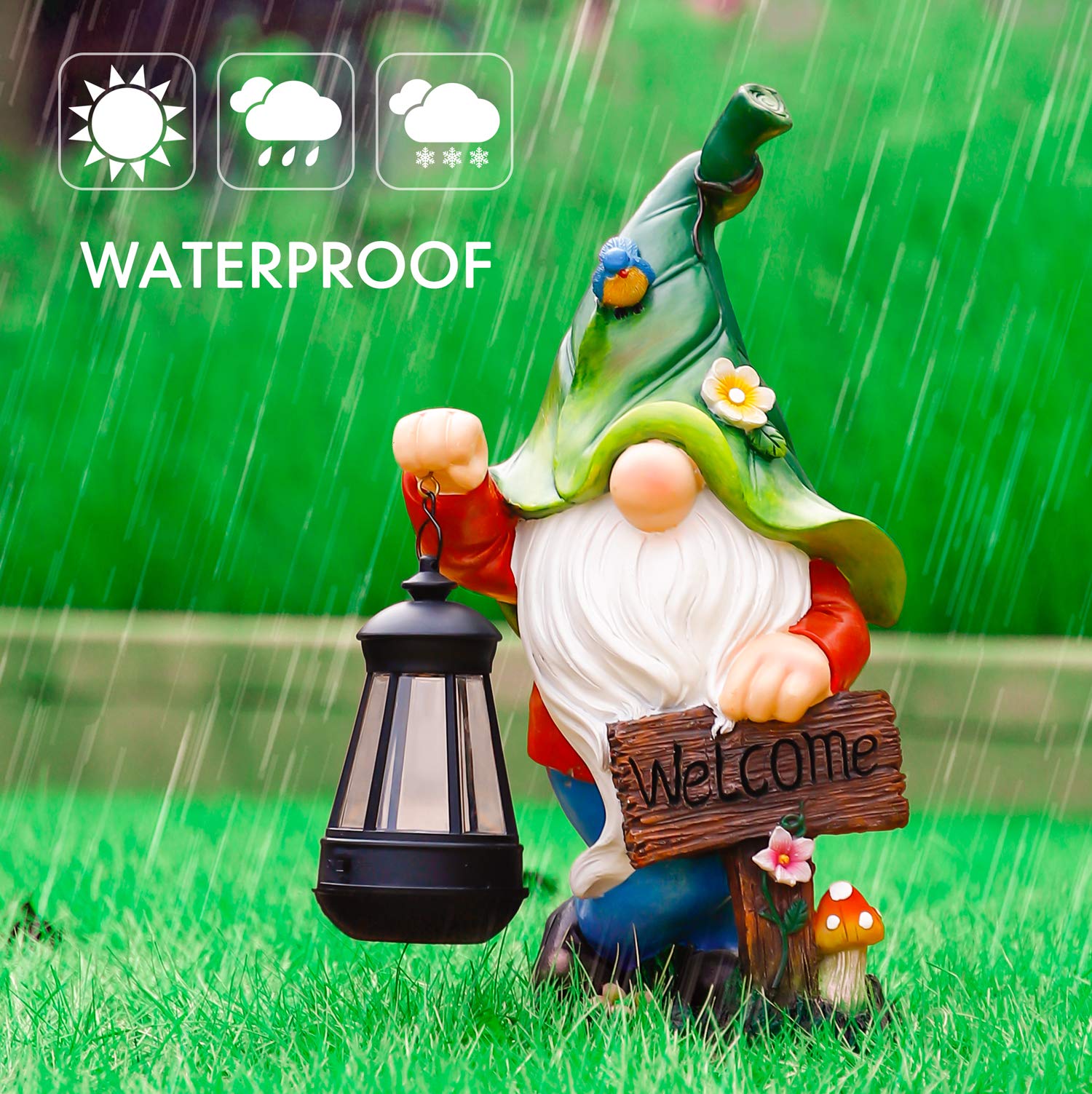 Solar-Powered Garden Gnome Statue with LED Lights & Welcome Sign - Waterproof Resin Outdoor Decor for Patio, Lawn, Garden & Indoor Use - Perfect for Nighttime Illumination & Home Decoration